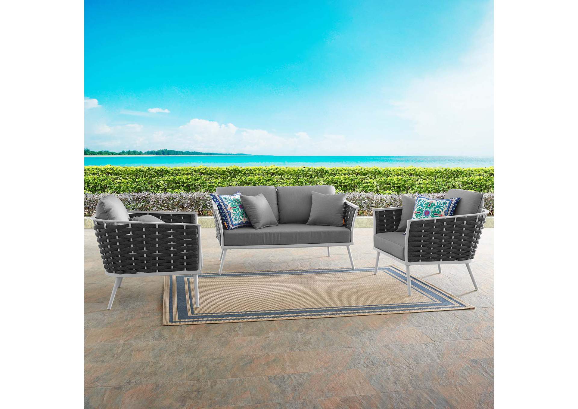 White Gray Stance 3 Piece Outdoor Patio Aluminum Sectional Sofa Set,Modway