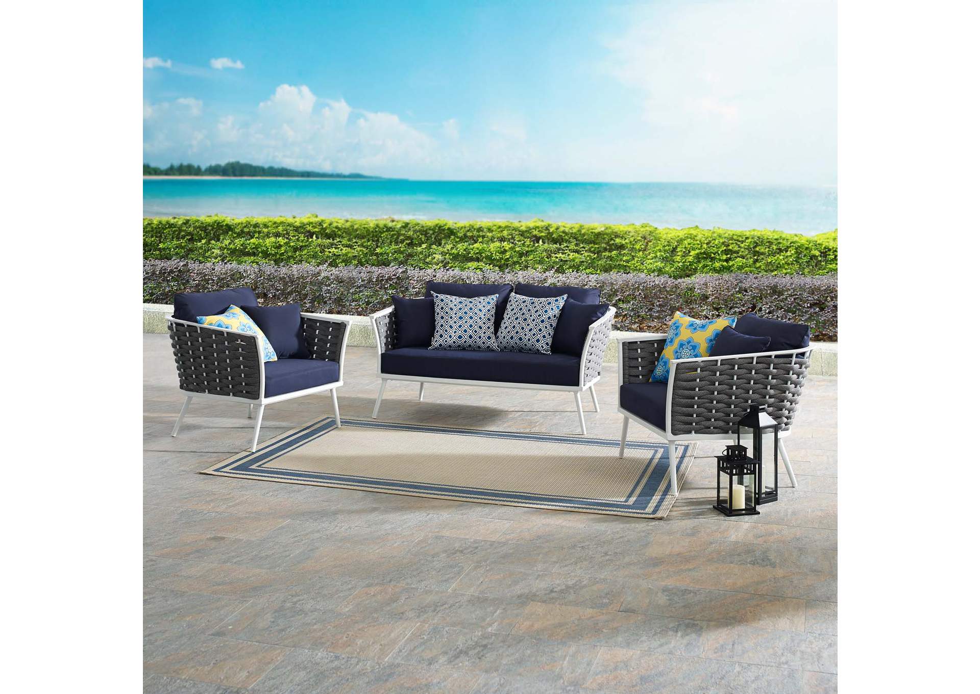 White Navy Stance 3 Piece Outdoor Patio Aluminum Sectional Sofa Set,Modway