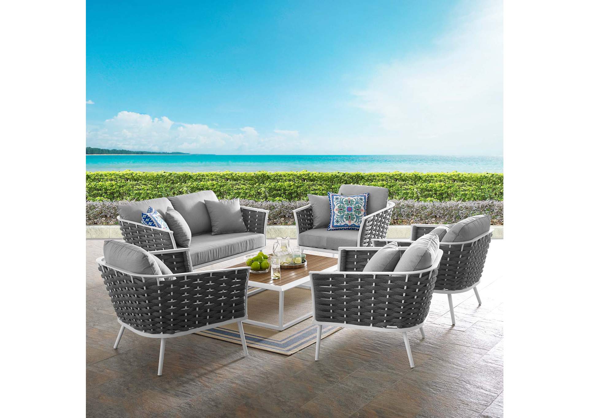 White Gray Stance 6 Piece Outdoor Patio Aluminum Sectional Sofa Set,Modway