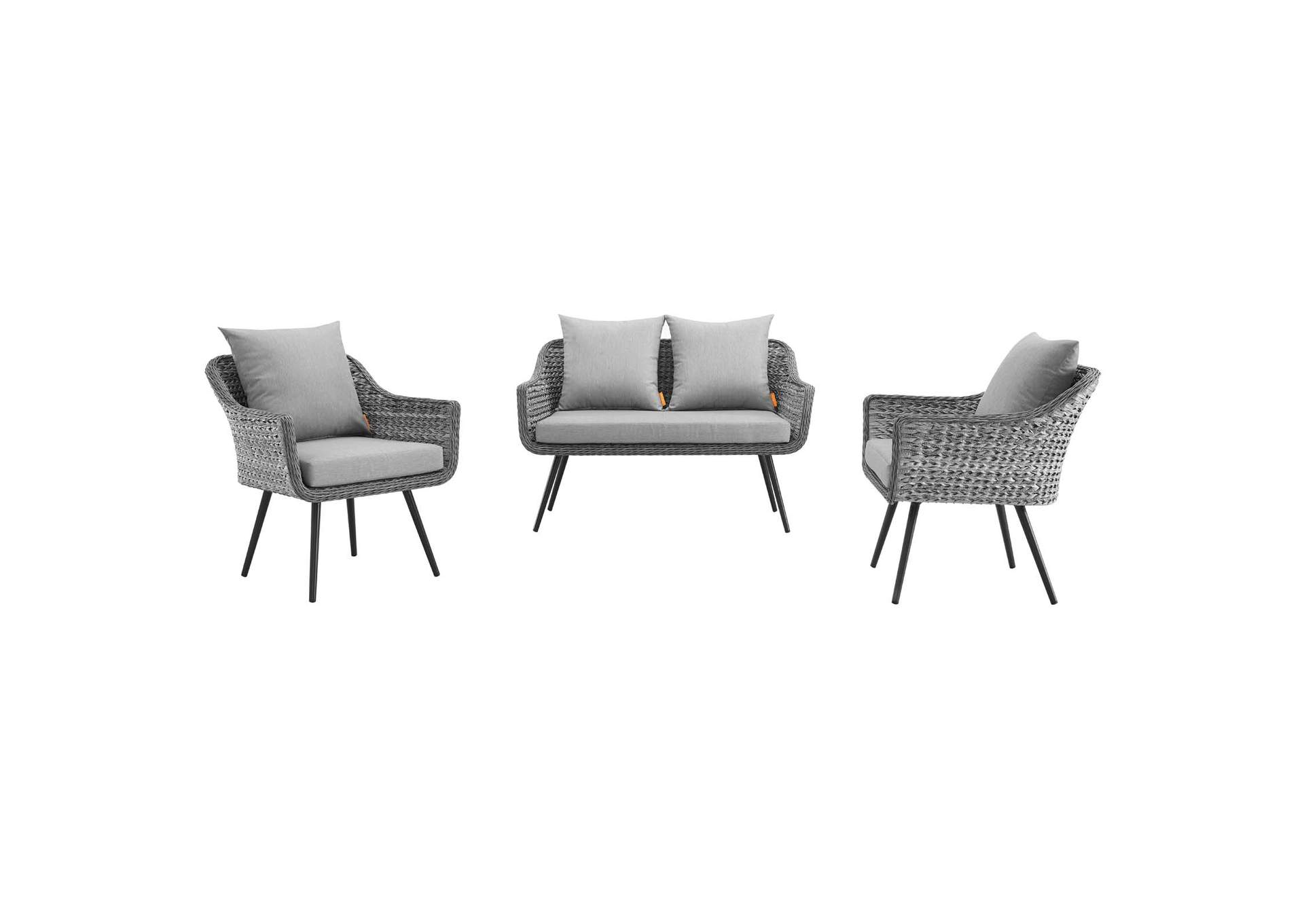 Gray Gray Endeavor 3 Piece Outdoor Patio Wicker Rattan Loveseat and Armchair Set,Modway