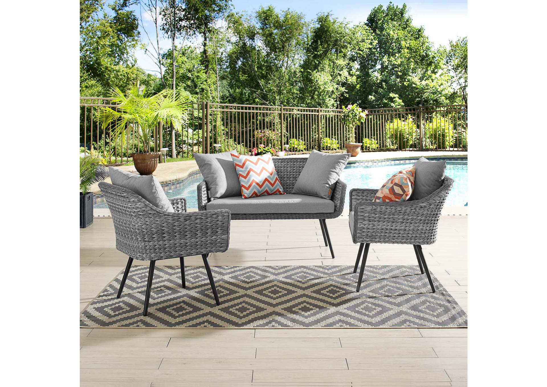Gray Gray Endeavor 3 Piece Outdoor Patio Wicker Rattan Loveseat and Armchair Set,Modway
