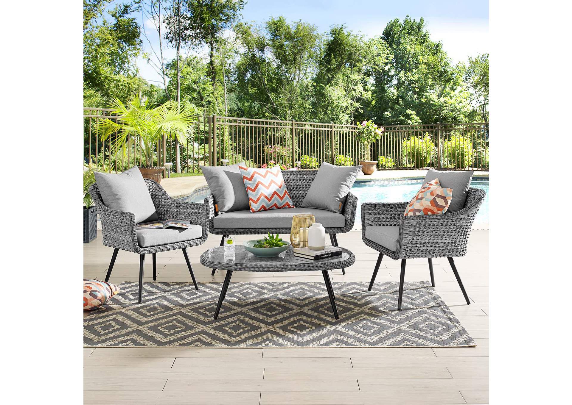 Gray Gray Endeavor 4 Piece Outdoor Patio Wicker Rattan Loveseat Armchair and Coffee Table Set,Modway