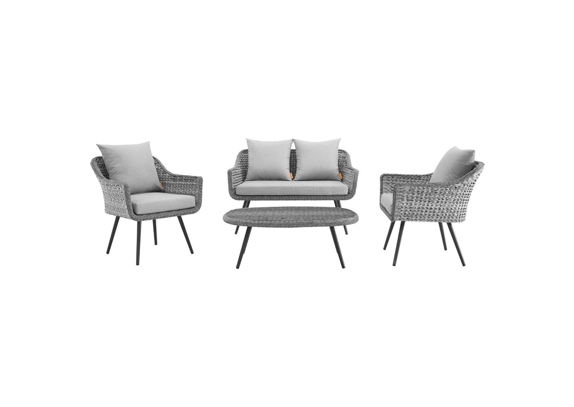 Gray Gray Endeavor 4 Piece Outdoor Patio Wicker Rattan Loveseat Armchair and Coffee Table Set,Modway