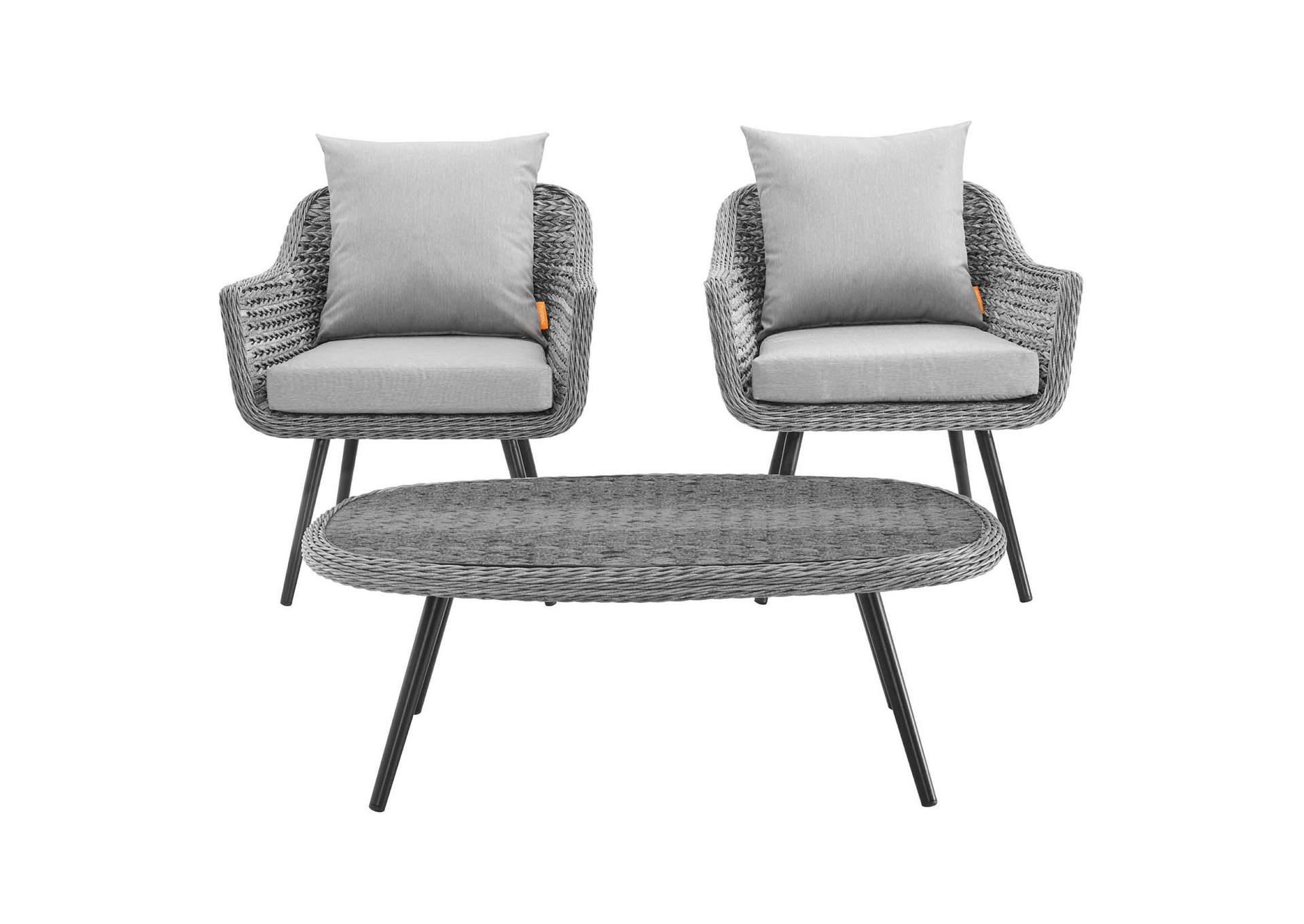 Gray Gray Endeavor 3 Piece Outdoor Patio Wicker Rattan Armchair and Coffee Table Set,Modway