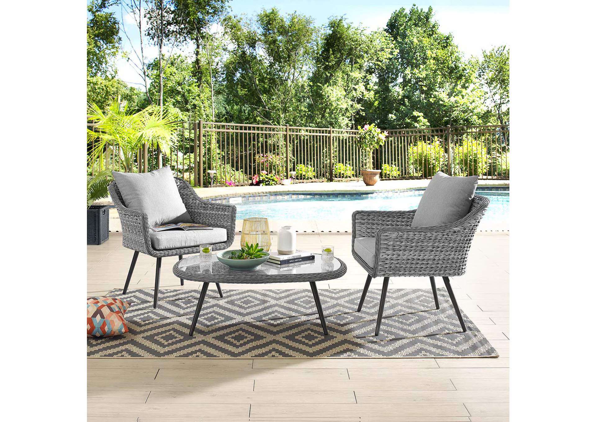 Gray Gray Endeavor 3 Piece Outdoor Patio Wicker Rattan Armchair and Coffee Table Set,Modway