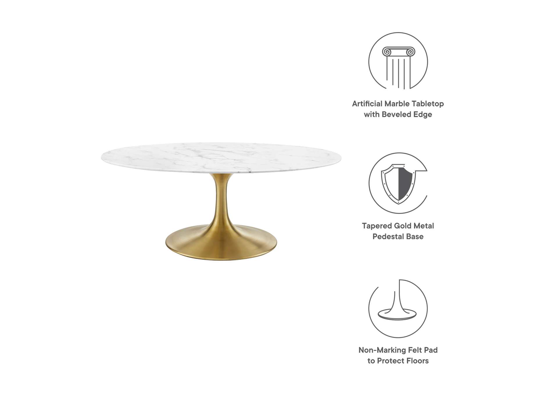 Gold White Lippa 42" Oval-Shaped Artifical Artificial Marble Coffee Table,Modway