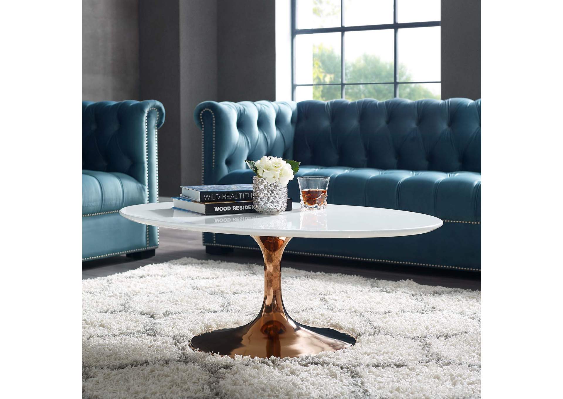 Rose White Lippa 42" Oval-Shaped Wood Top Coffee Table,Modway