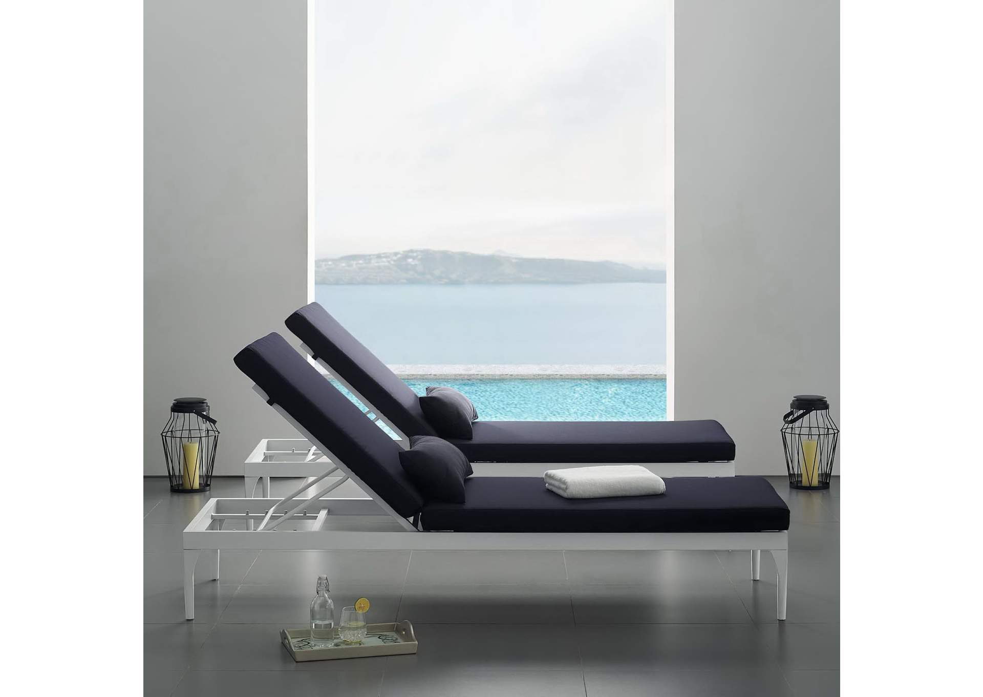 White Navy Perspective Cushion Outdoor Patio Chaise Lounge Chair,Modway