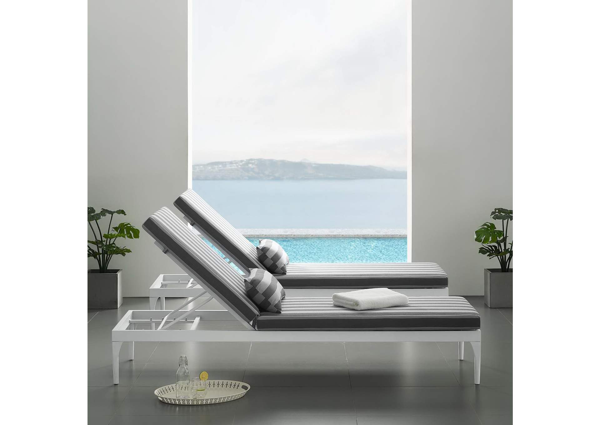 White Striped Gray Perspective Cushion Outdoor Patio Chaise Lounge Chair,Modway