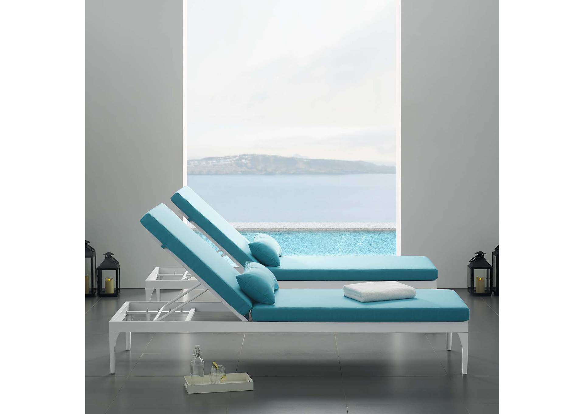White Turquoise Perspective Cushion Outdoor Patio Chaise Lounge Chair,Modway