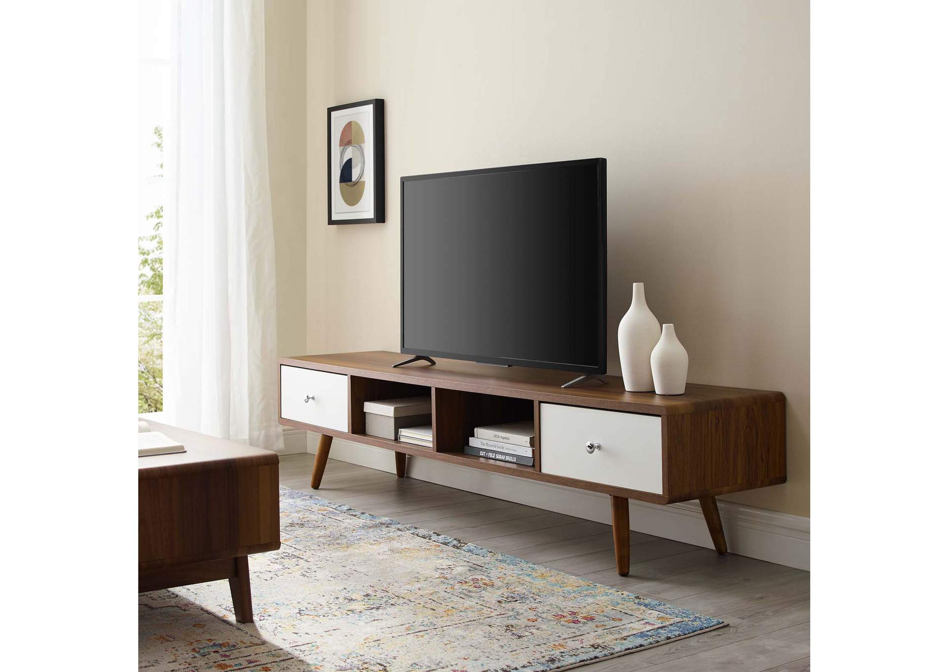 Walnut White Transmit 70" Media Console Wood TV Stand,Modway