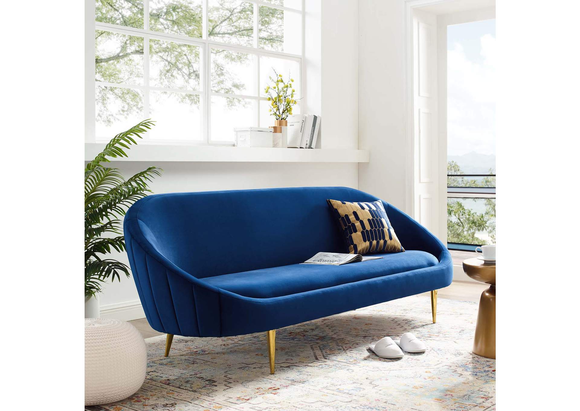 Navy Sublime Vertical Curve Back Performance Velvet Sofa,Modway