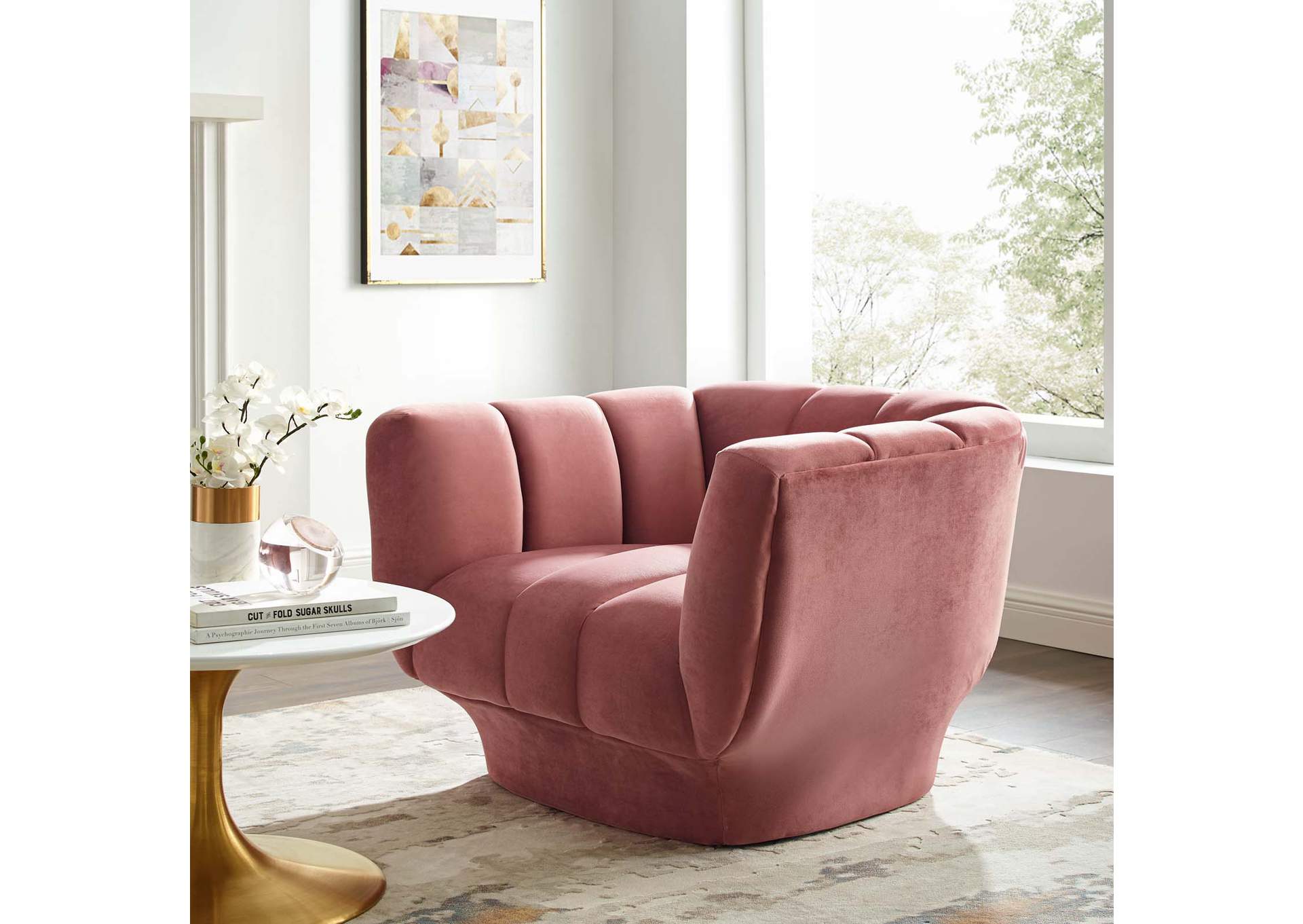 Dusty Rose Entertain Vertical Channel Tufted Performance Velvet Arm Chair,Modway