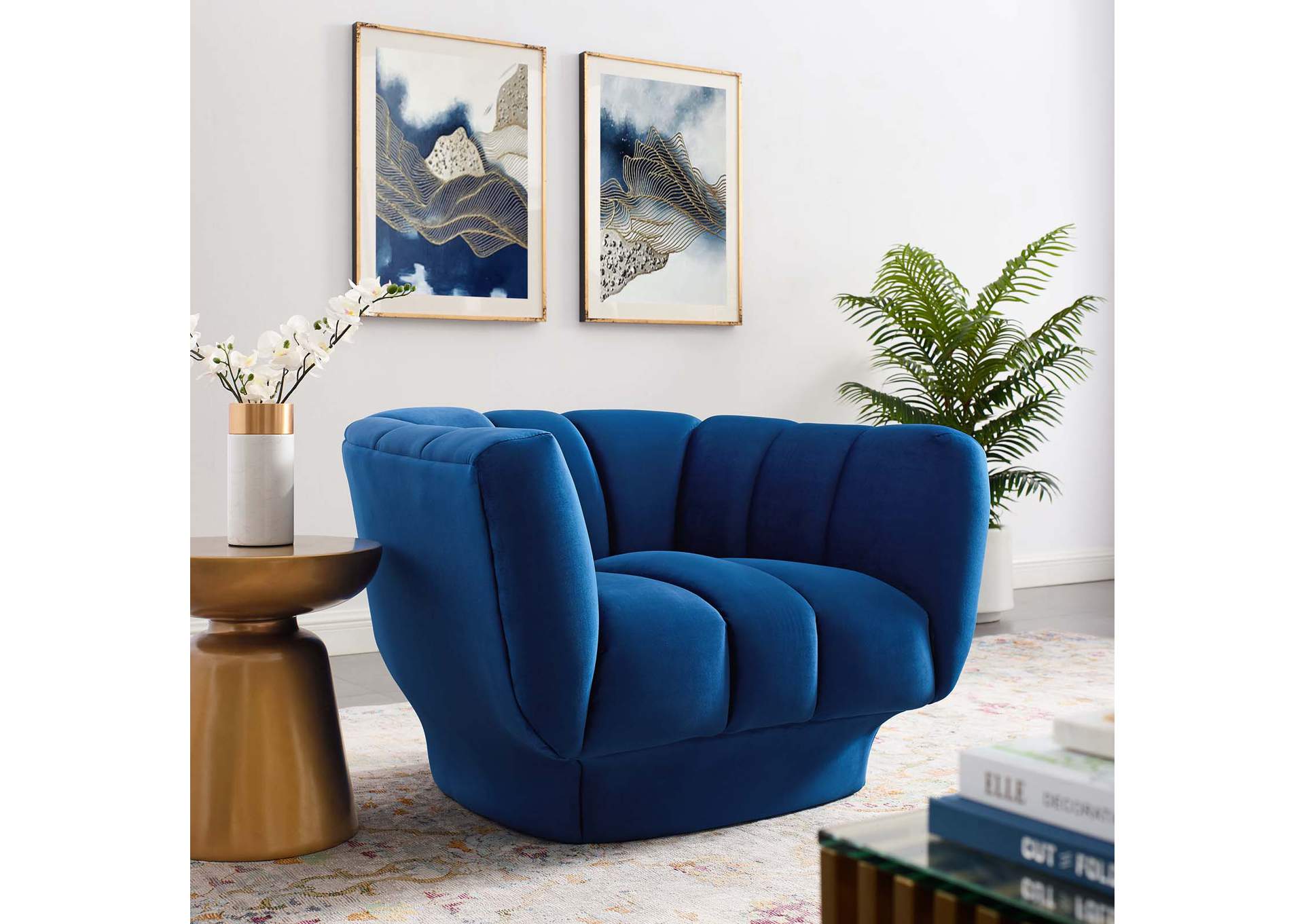 Navy Entertain Vertical Channel Tufted Performance Velvet Arm Chair,Modway