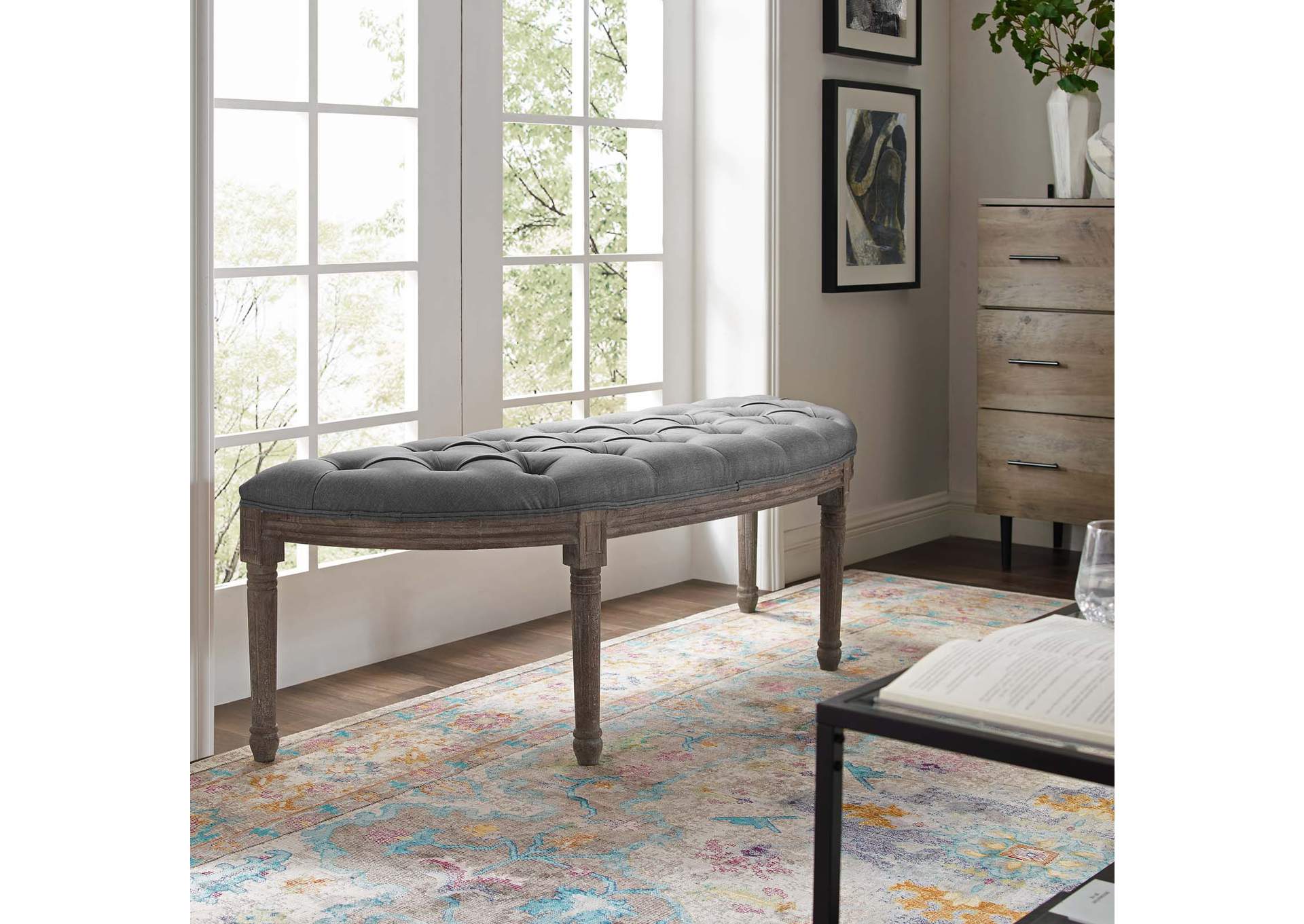 Light Gray Esteem Vintage French Upholstered Fabric Semi-Circle Bench,Modway