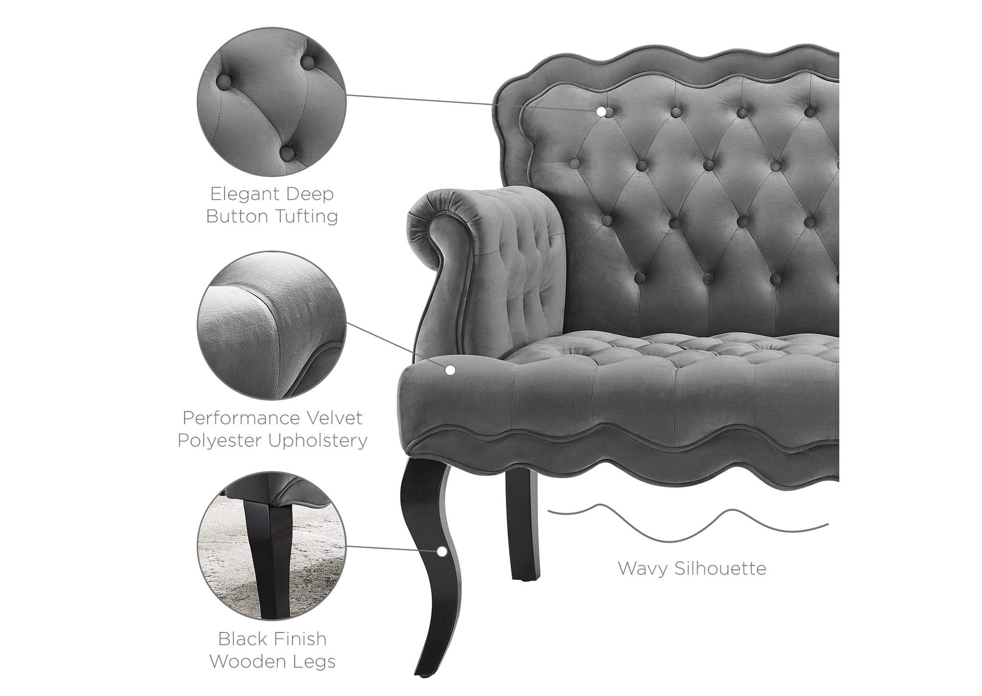 Gray Viola Chesterfield Button Tufted Loveseat Performance Velvet Settee,Modway