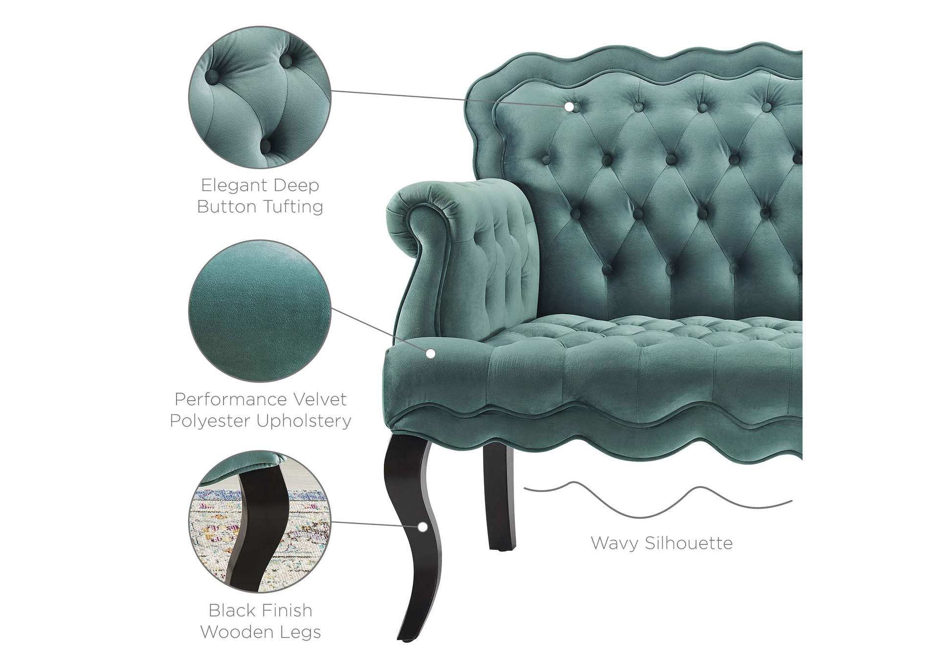 Teal Viola Chesterfield Button Tufted Loveseat Performance Velvet Settee,Modway