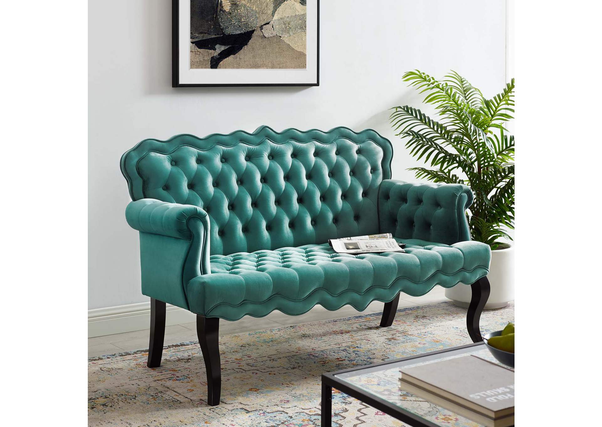 Teal Viola Chesterfield Button Tufted Loveseat Performance Velvet Settee,Modway