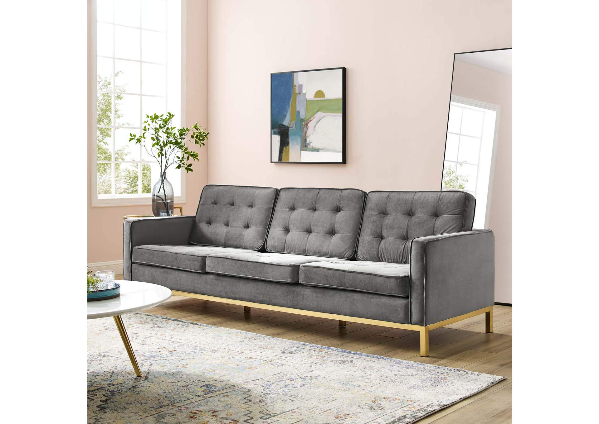 Gold Gray Loft Gold Stainless Steel Leg Performance Velvet Sofa,Modway