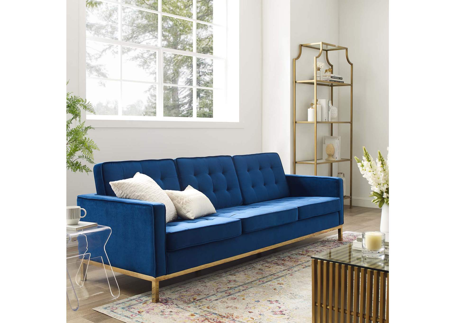 Gold Navy Loft Gold Stainless Steel Leg Performance Velvet Sofa,Modway