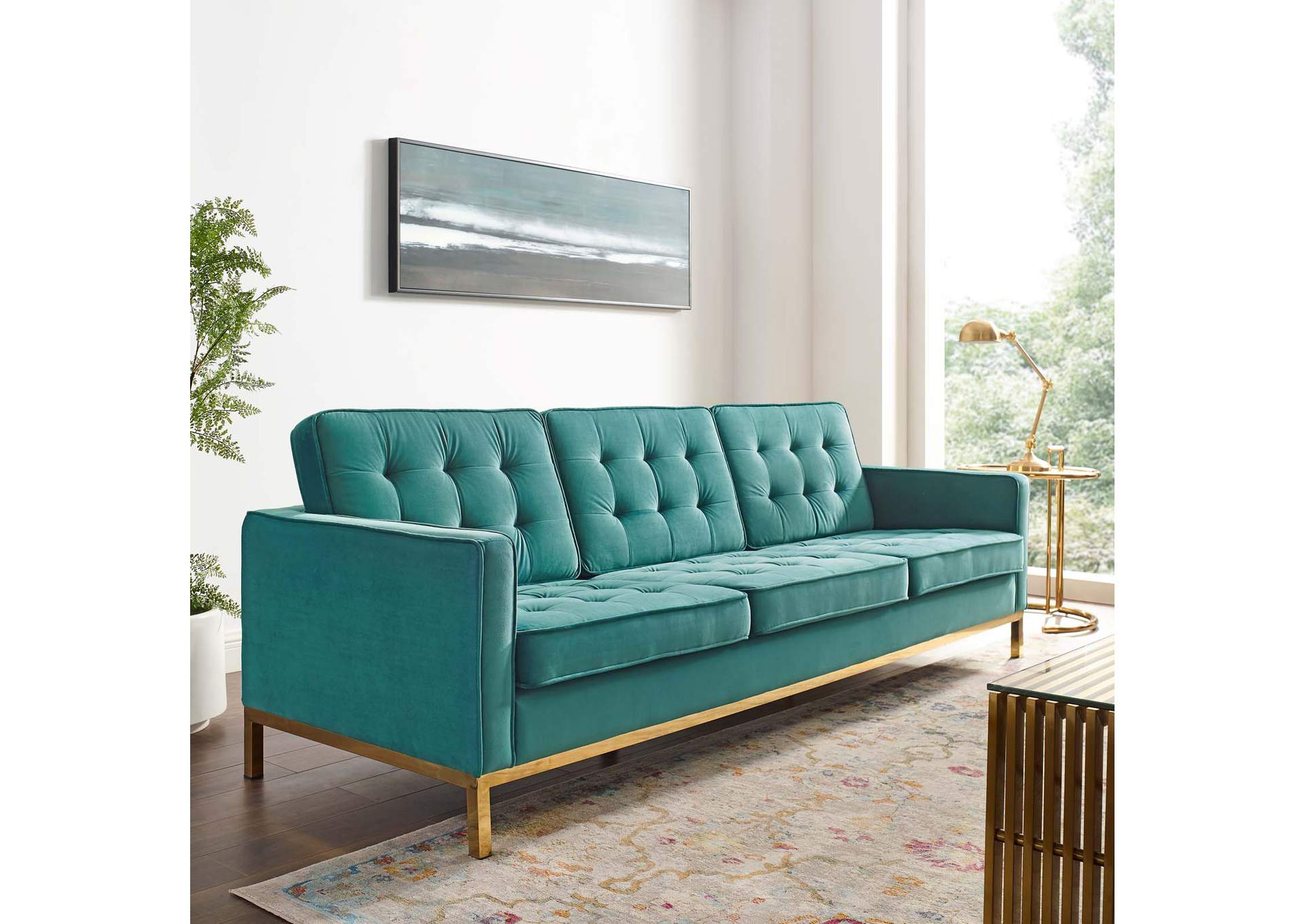 Gold Teal Loft Gold Stainless Steel Leg Performance Velvet Sofa,Modway