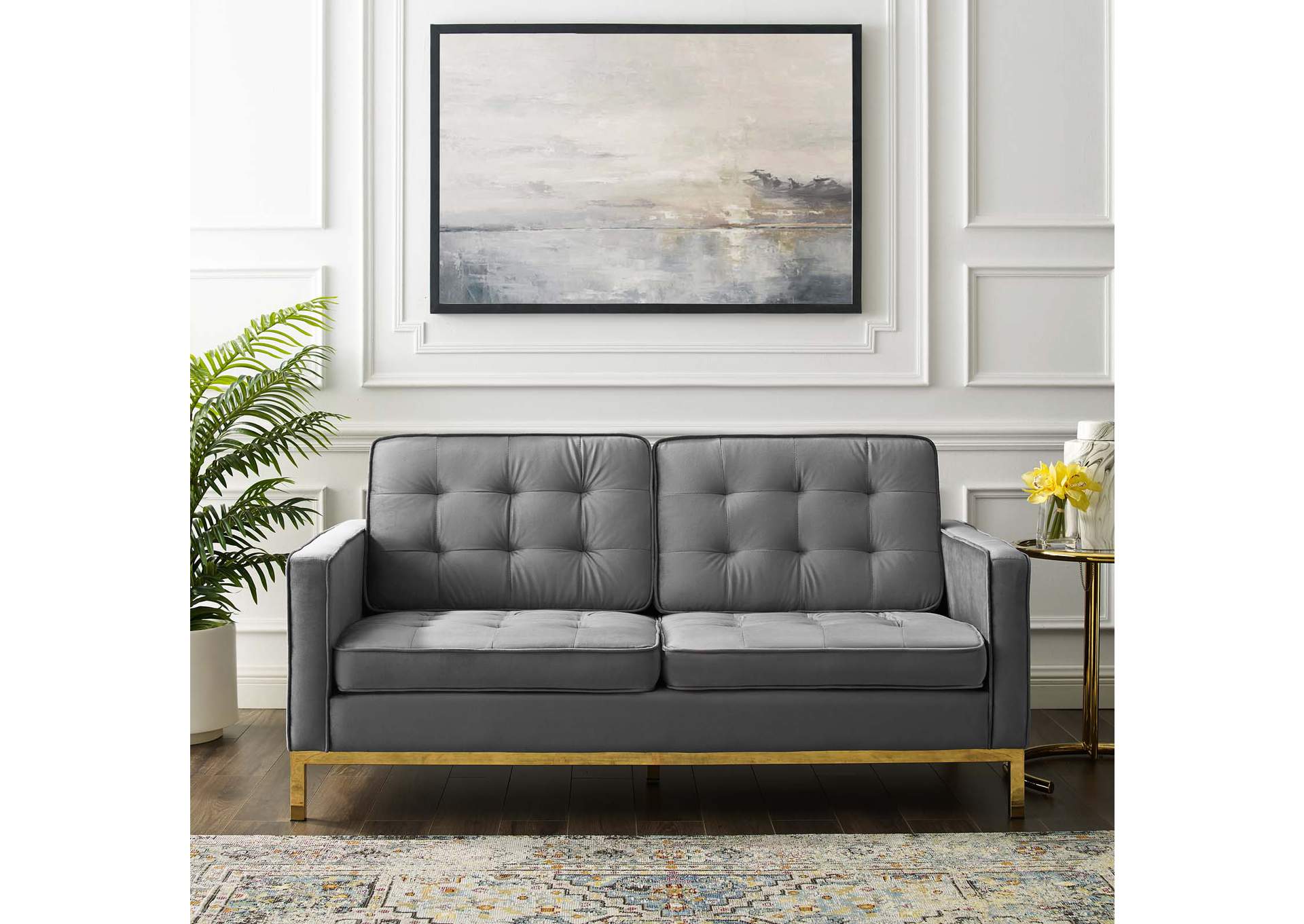 Gold Gray Loft Gold Stainless Steel Leg Performance Velvet Loveseat,Modway