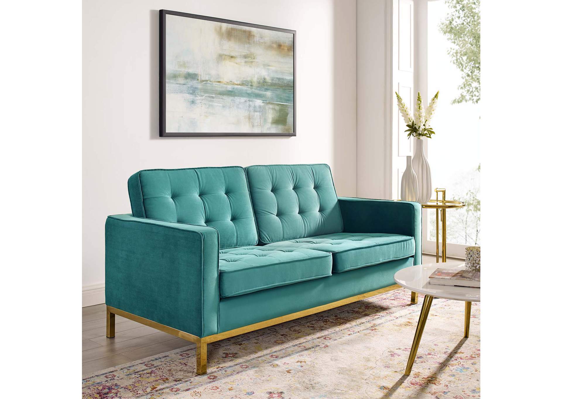 Gold Teal Loft Gold Stainless Steel Leg Performance Velvet Loveseat,Modway