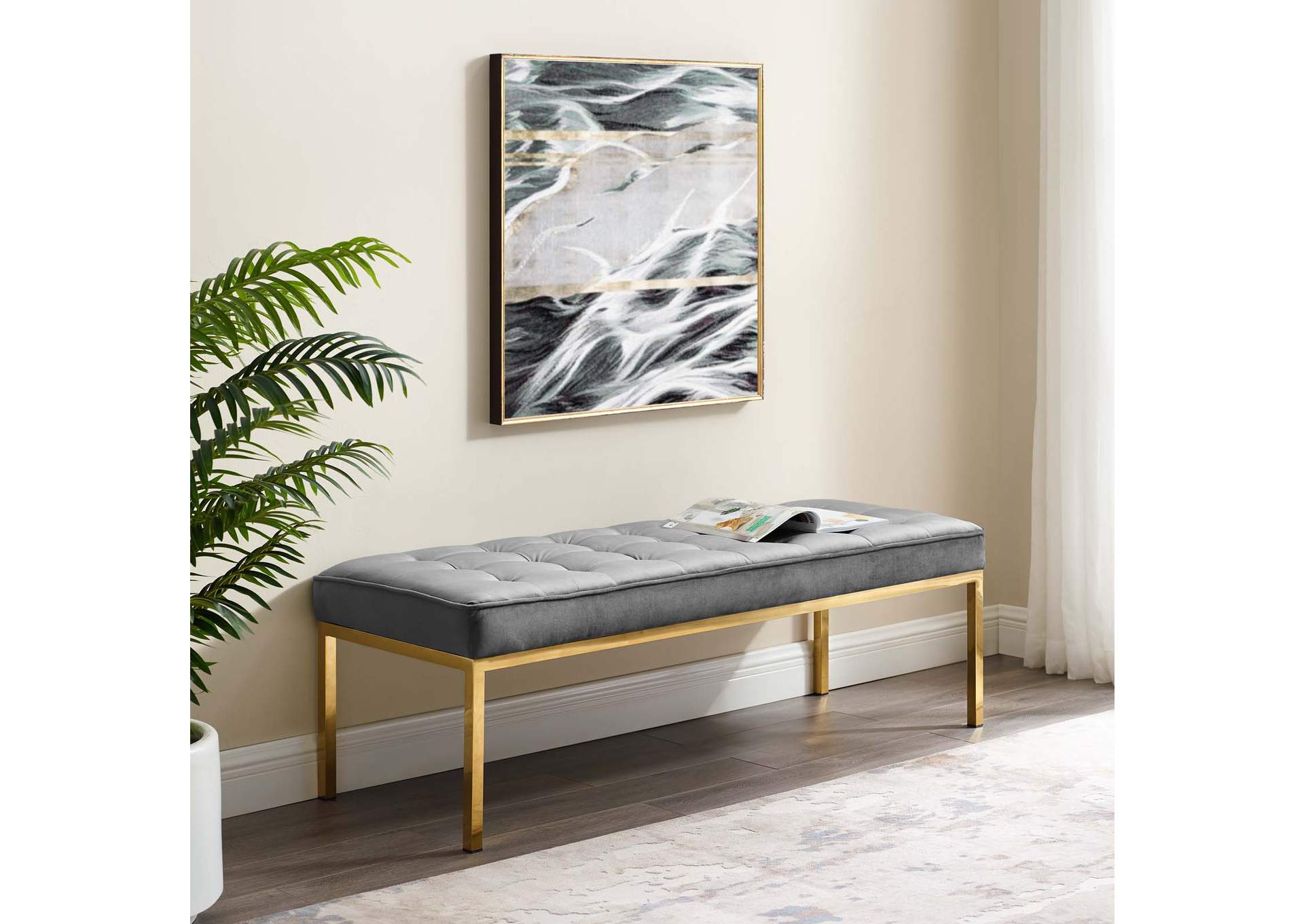 Gold Gray Loft Gold Stainless Steel Leg Large Performance Velvet Bench,Modway