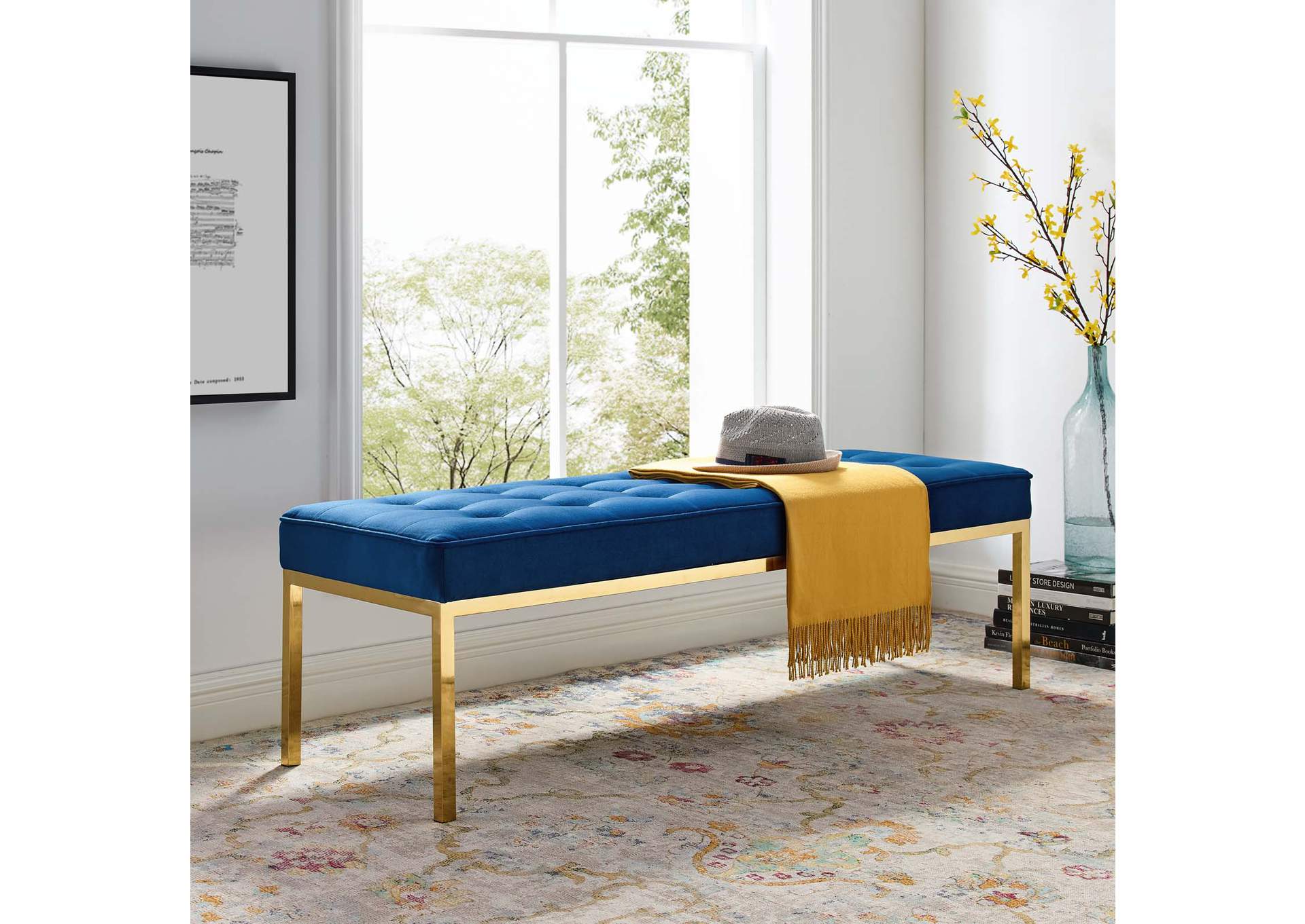 Gold Navy Loft Gold Stainless Steel Leg Large Performance Velvet Bench,Modway