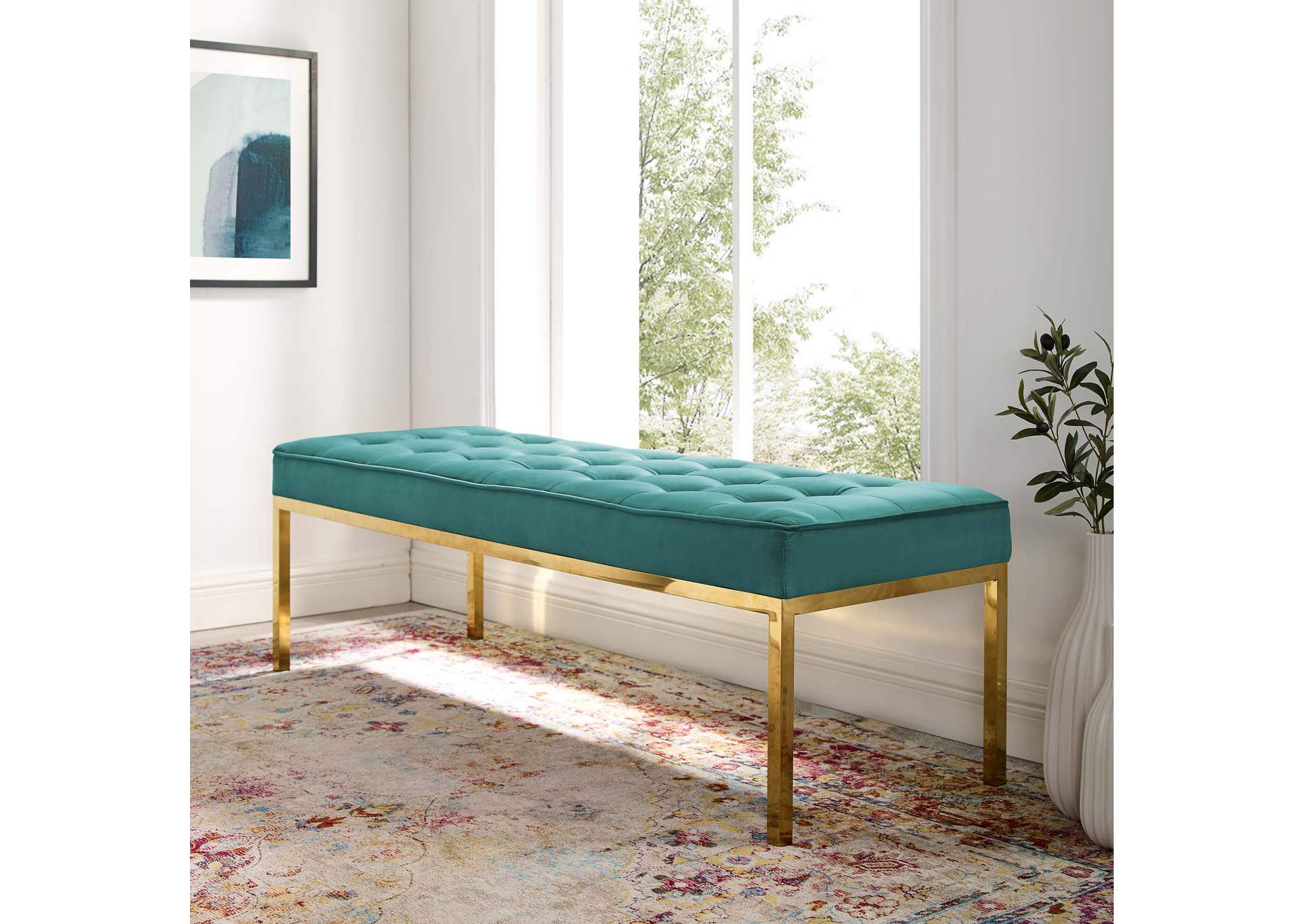 Gold Teal Loft Gold Stainless Steel Leg Large Performance Velvet Bench,Modway