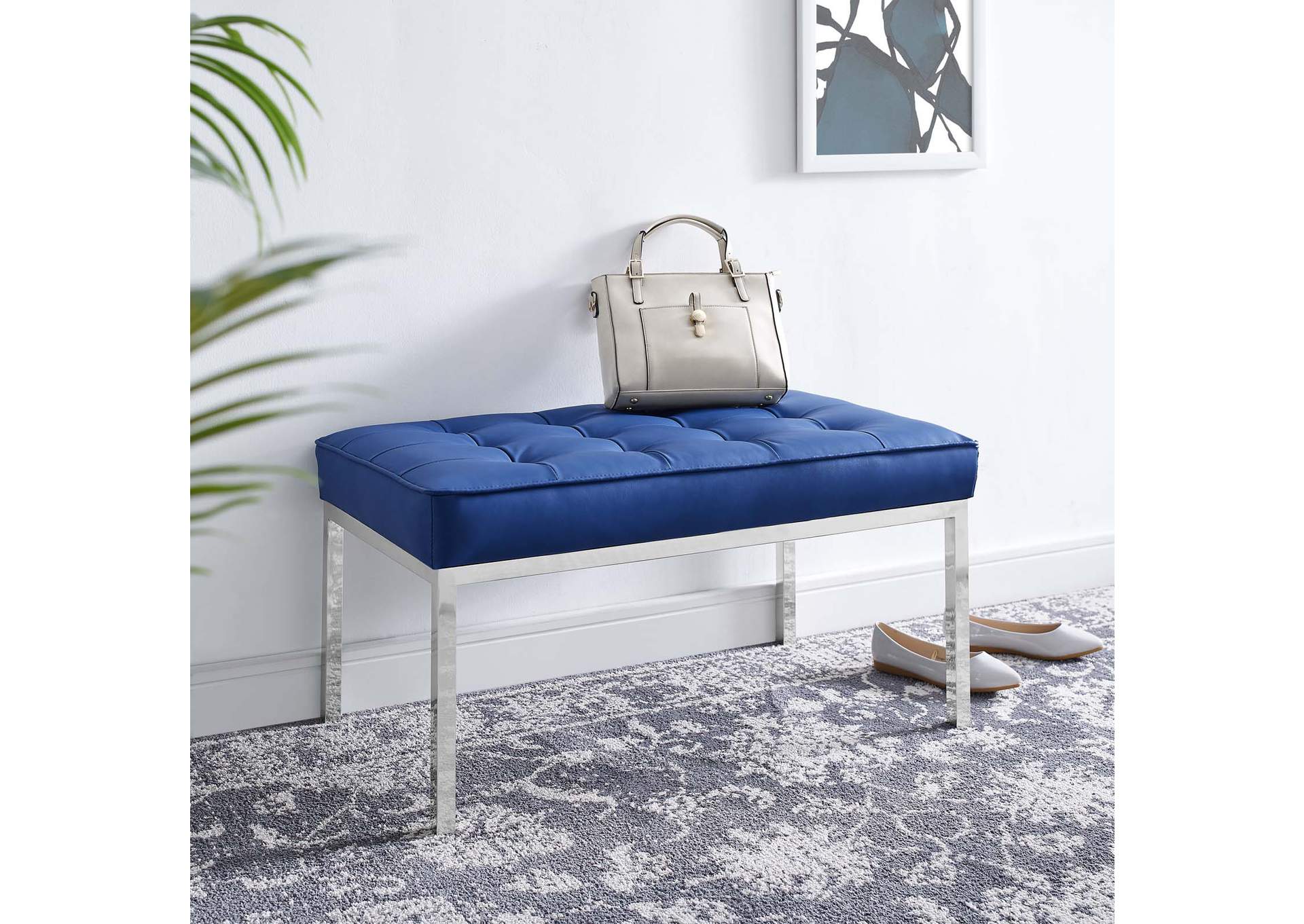 Silver Navy Loft Tufted Medium Upholstered Faux Leather Bench,Modway