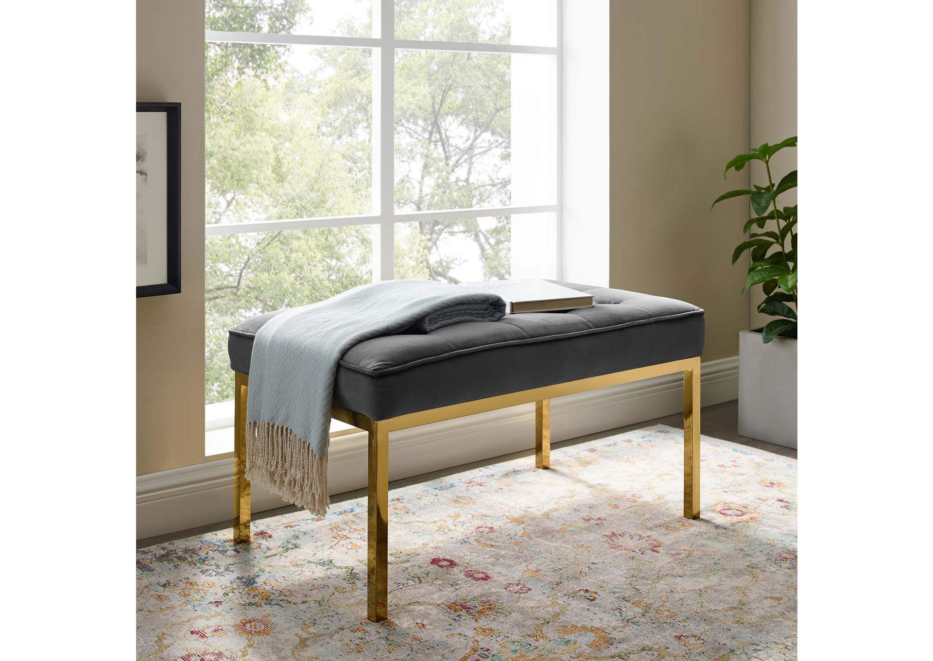 Gold Gray Loft Gold Stainless Steel Leg Medium Performance Velvet Bench,Modway