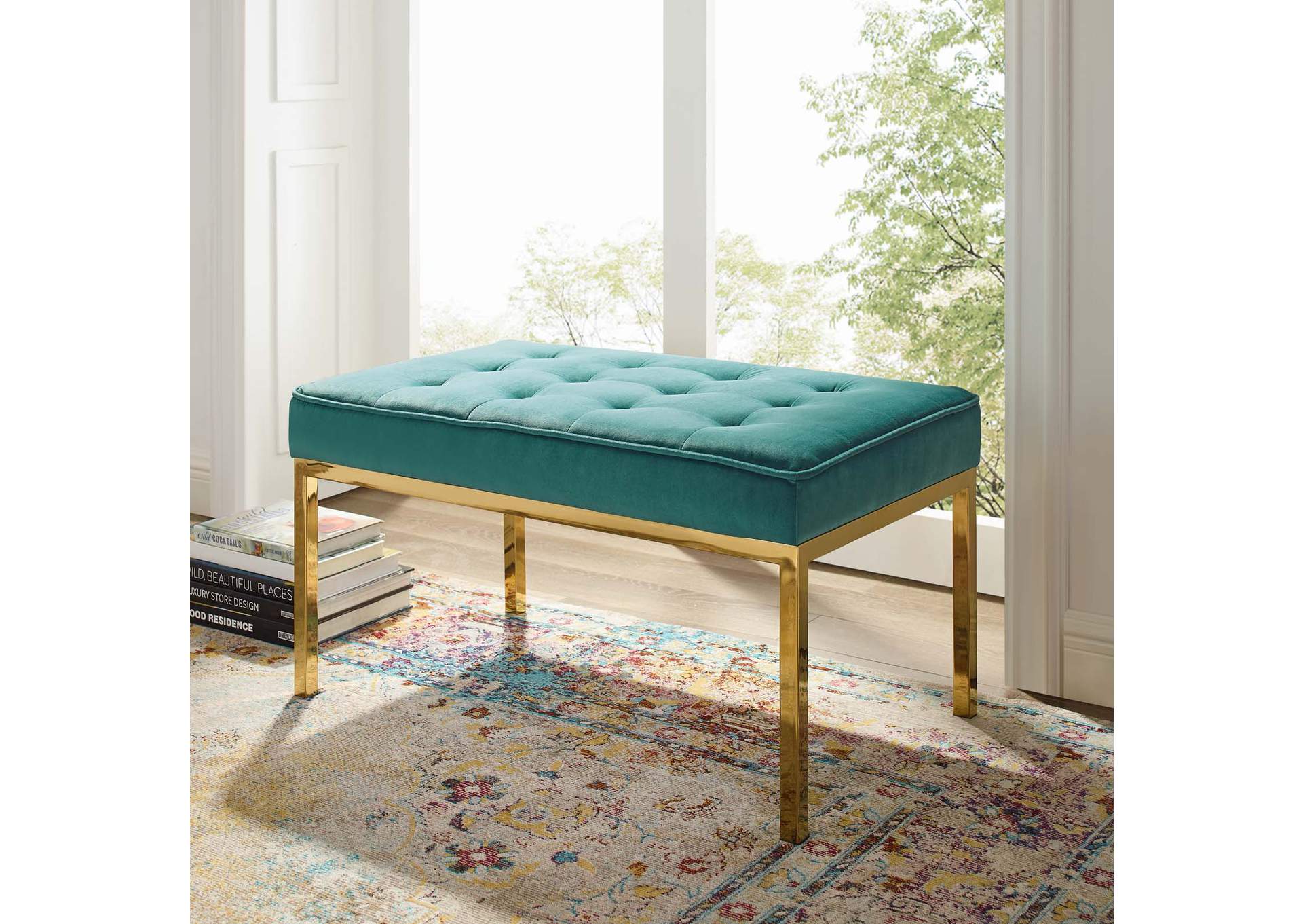 Gold Teal Loft Gold Stainless Steel Leg Medium Performance Velvet Bench,Modway