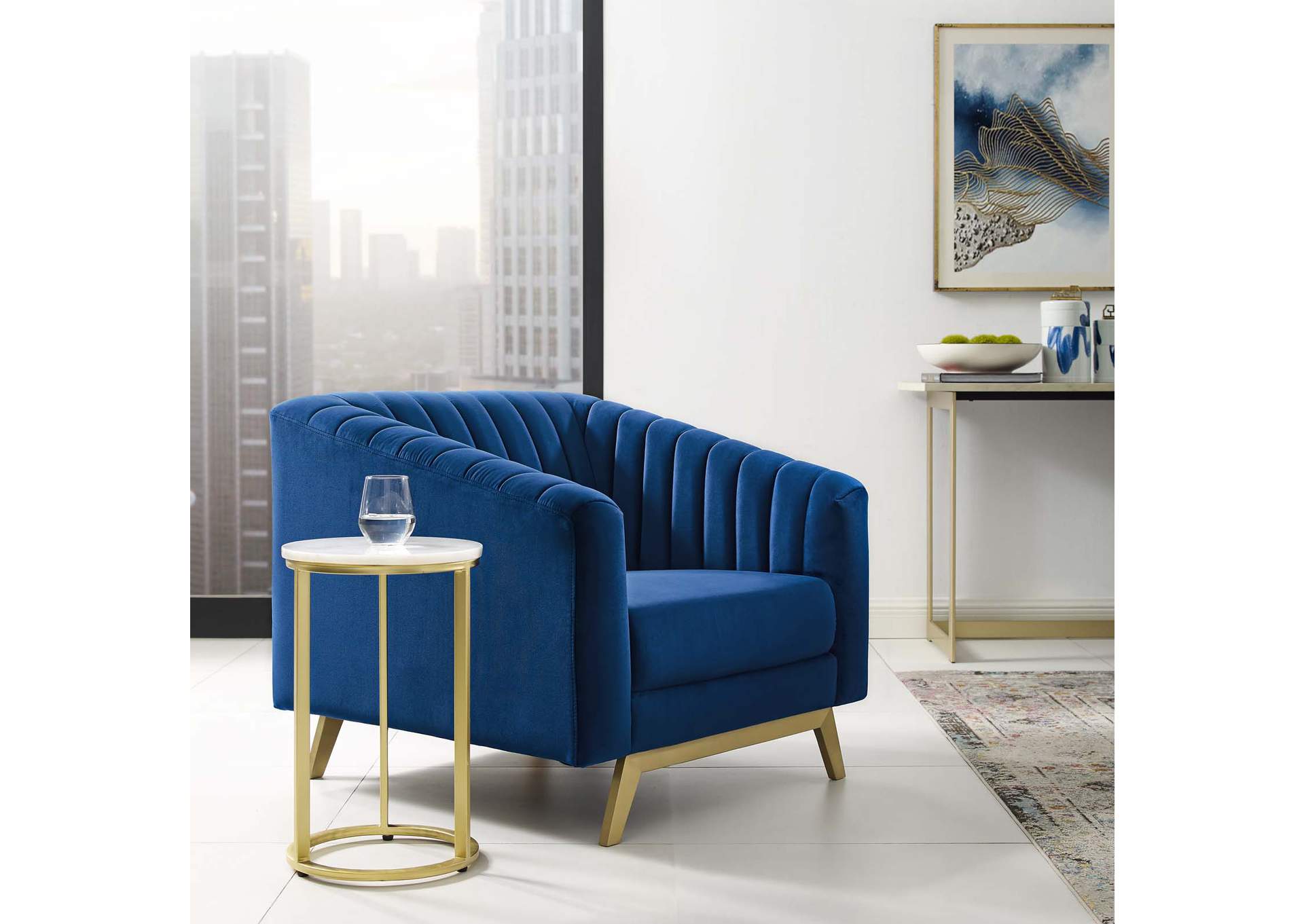 Navy Valiant Vertical Channel Tufted Performance Velvet Arm Chair,Modway