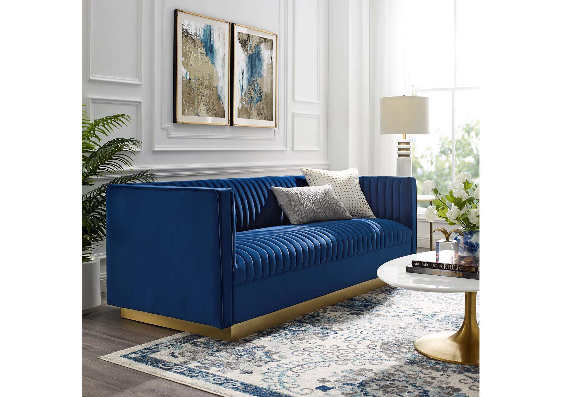 Navy Sanguine Vertical Channel Tufted Performance Velvet Sofa,Modway