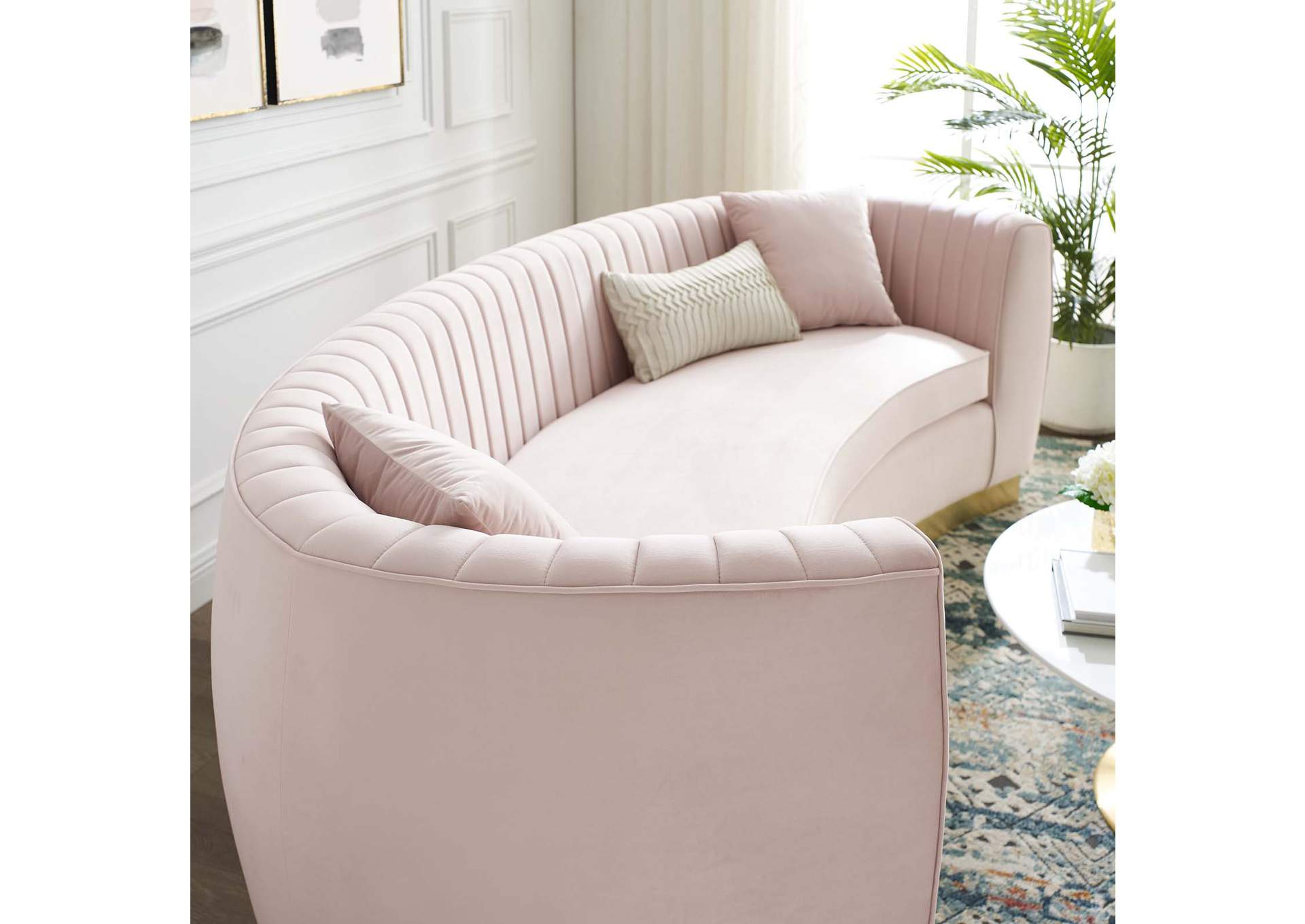 Pink Enthusiastic Vertical Channel Tufted Curved Performance Velvet Sofa,Modway