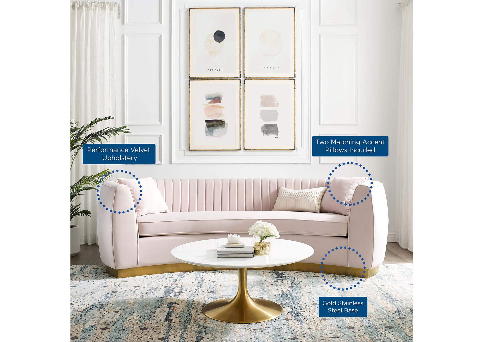 Pink Enthusiastic Vertical Channel Tufted Curved Performance Velvet Sofa,Modway