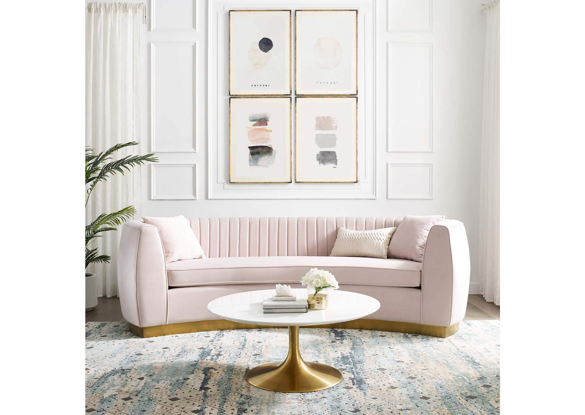 Pink Enthusiastic Vertical Channel Tufted Curved Performance Velvet Sofa,Modway