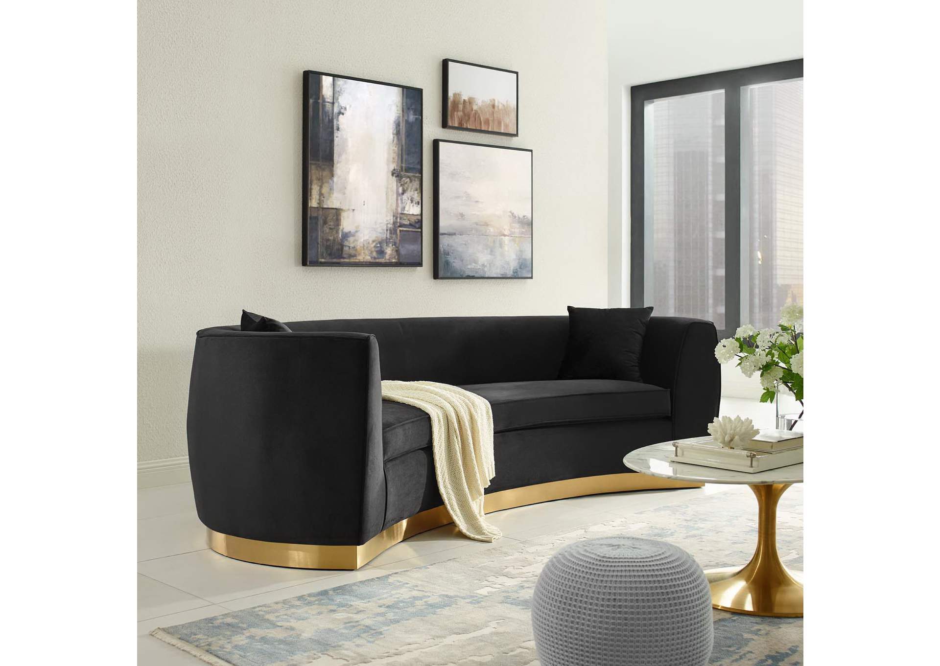 Black Resolute Curved Performance Velvet Sofa,Modway