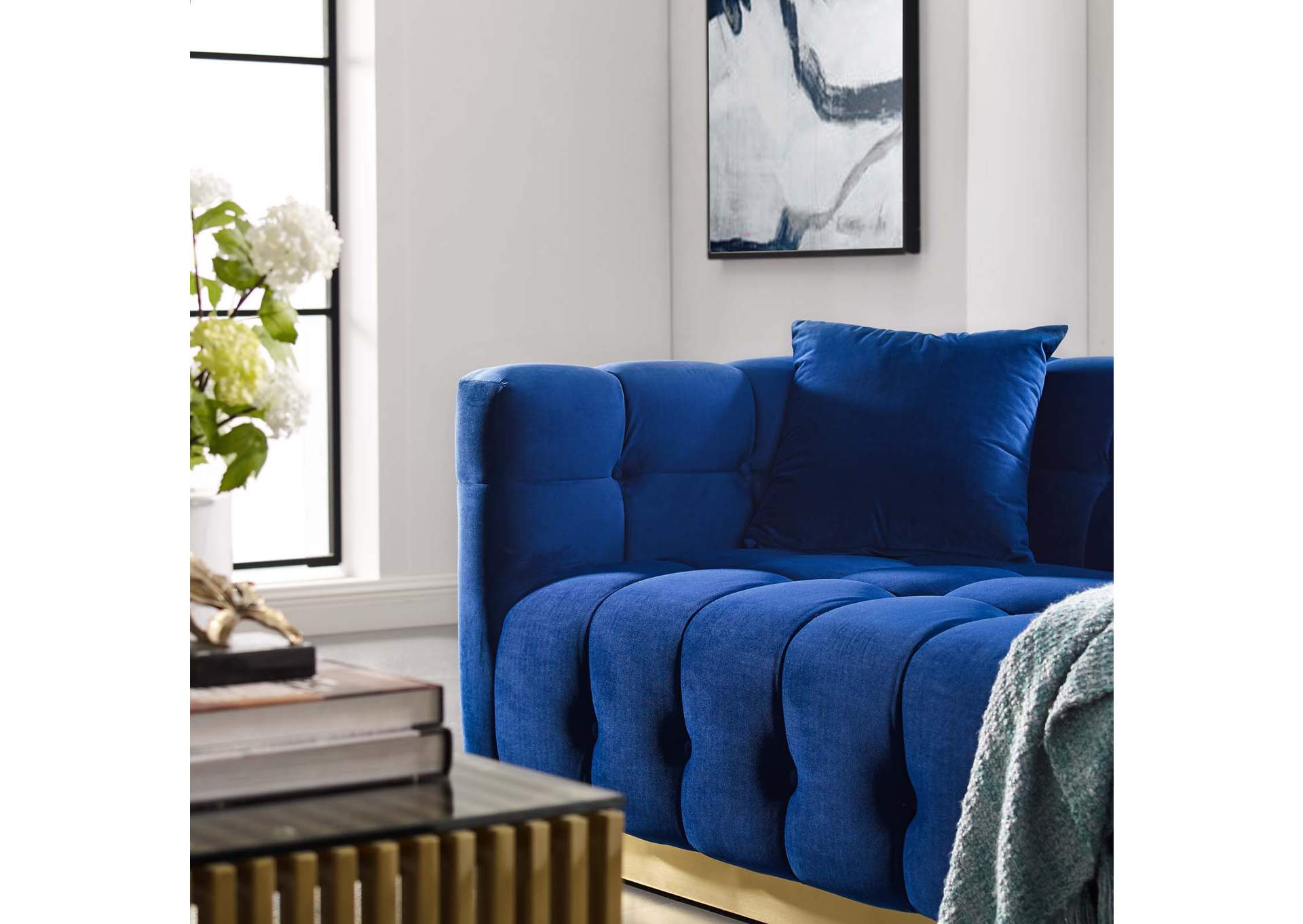 Navy Vivacious Biscuit Tufted Performance Velvet Sofa,Modway