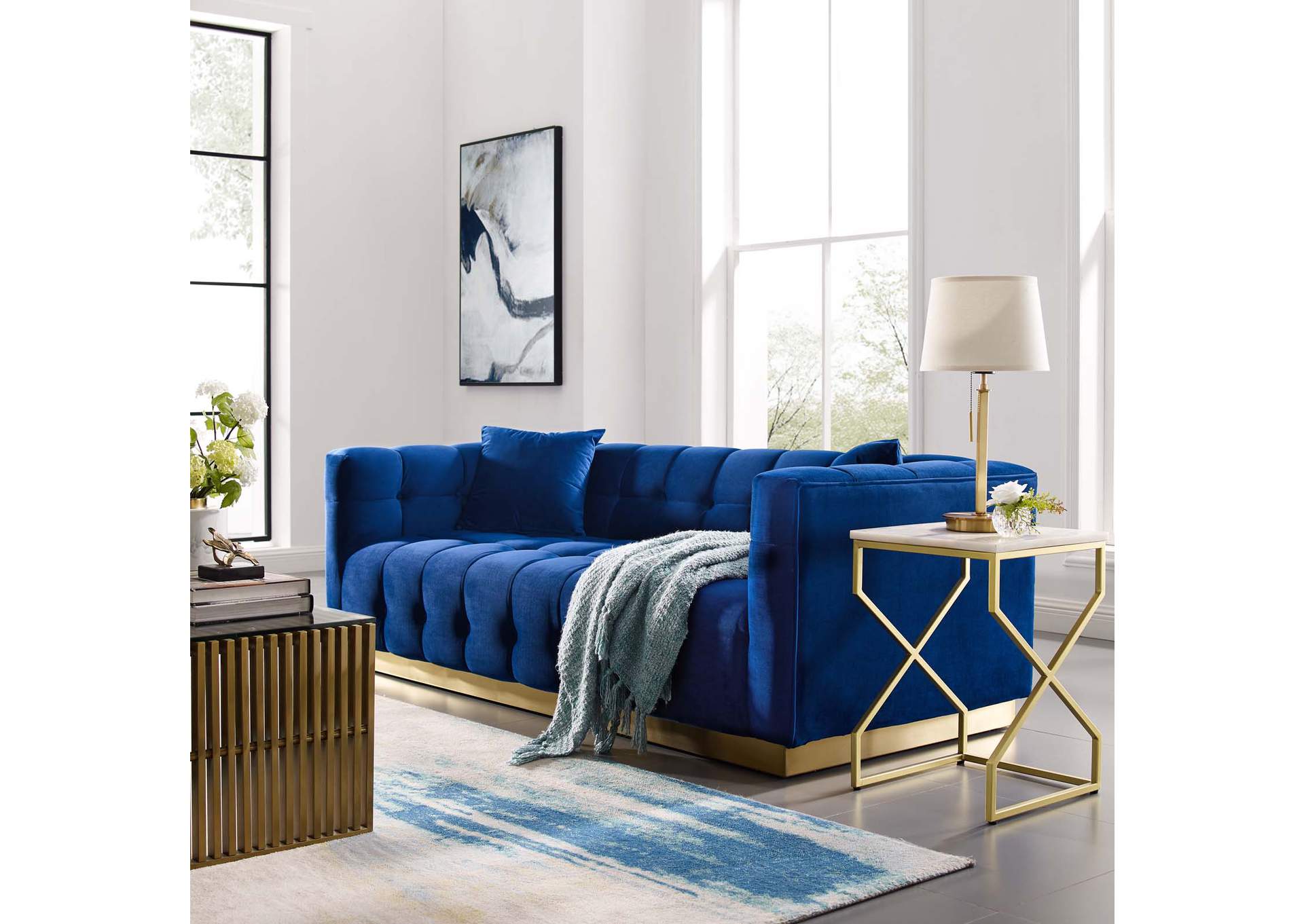 Navy Vivacious Biscuit Tufted Performance Velvet Sofa,Modway