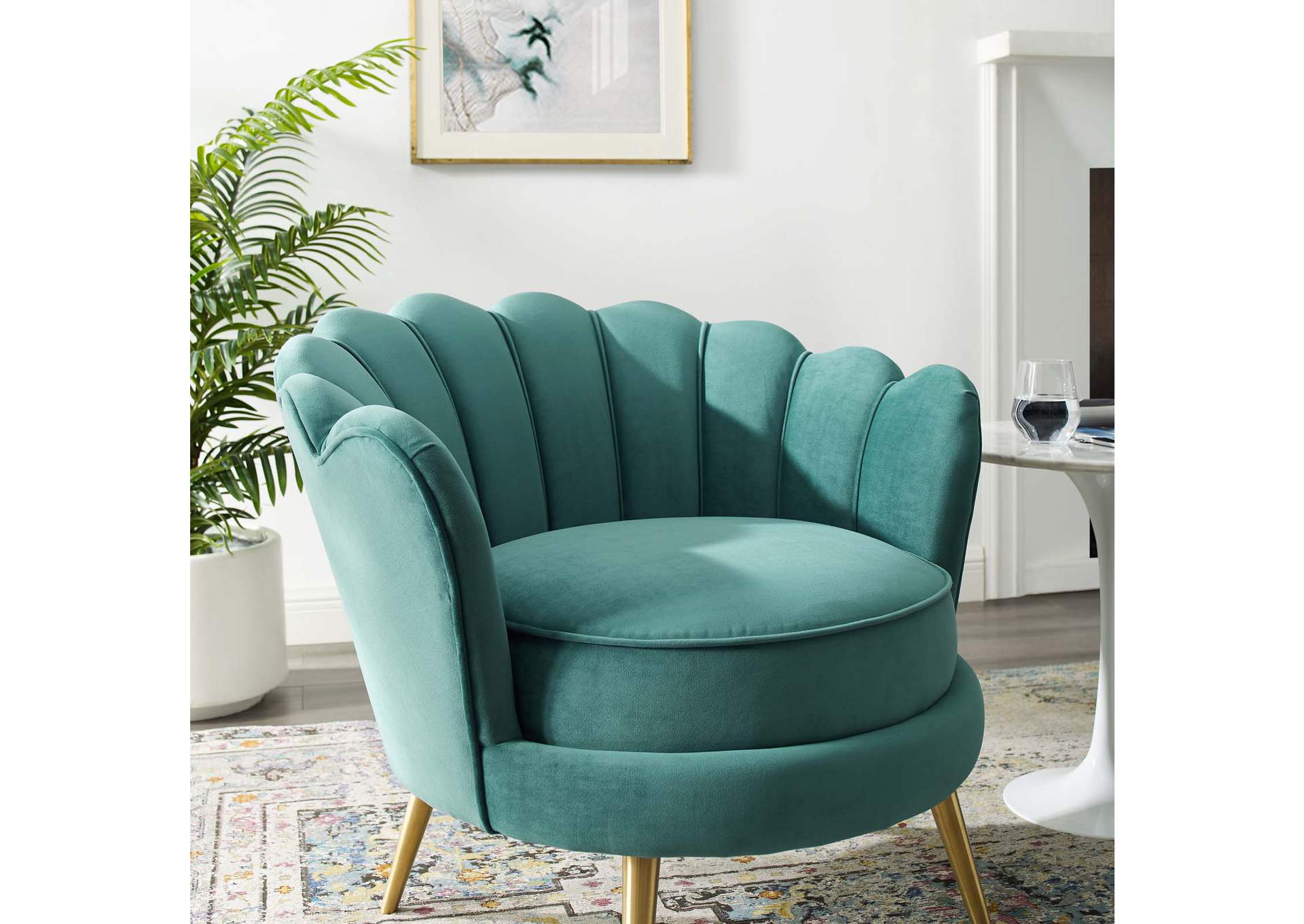 Teal Admire Scalloped Edge Performance Velvet Accent Arm Chair,Modway