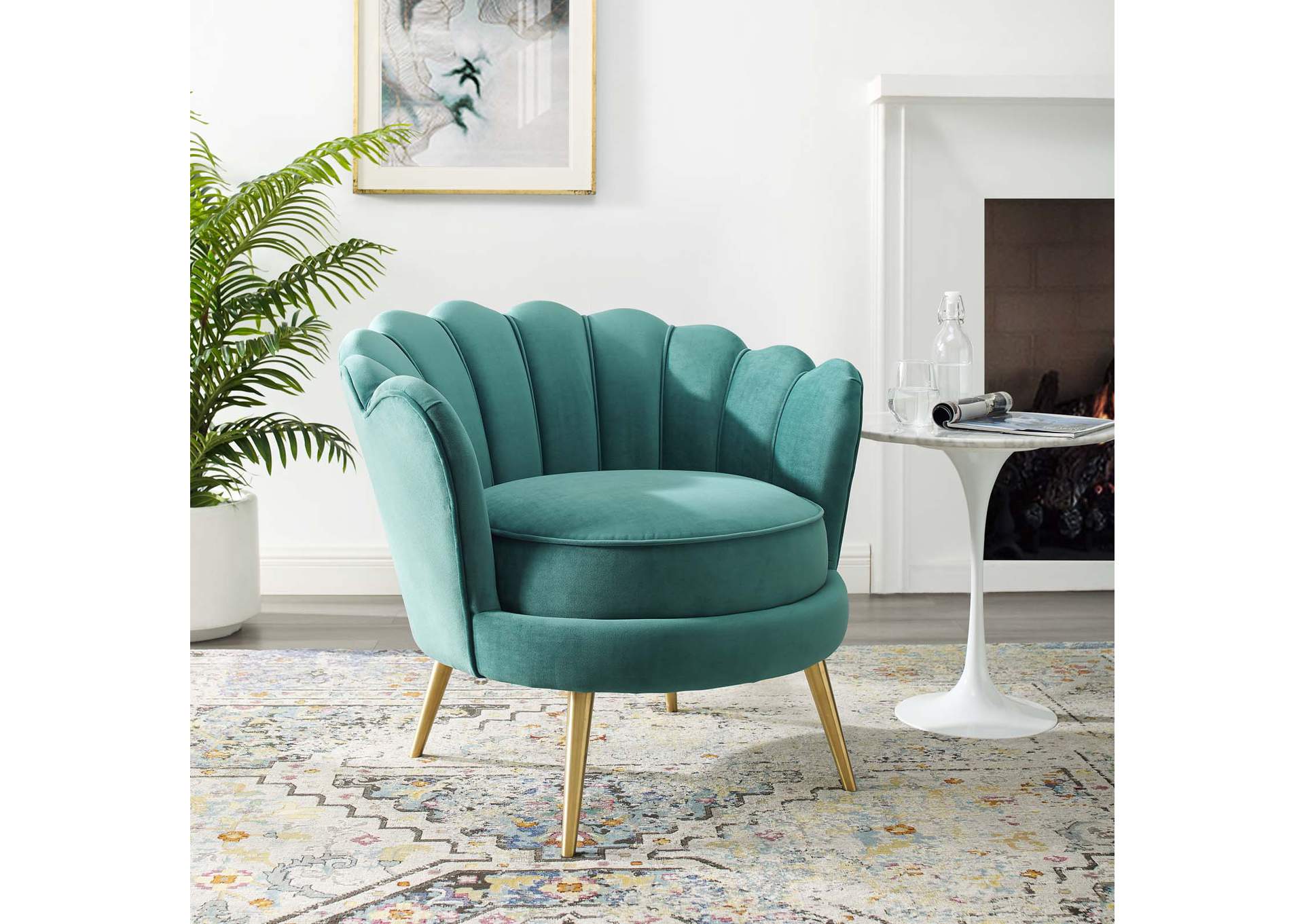 Teal Admire Scalloped Edge Performance Velvet Accent Arm Chair,Modway