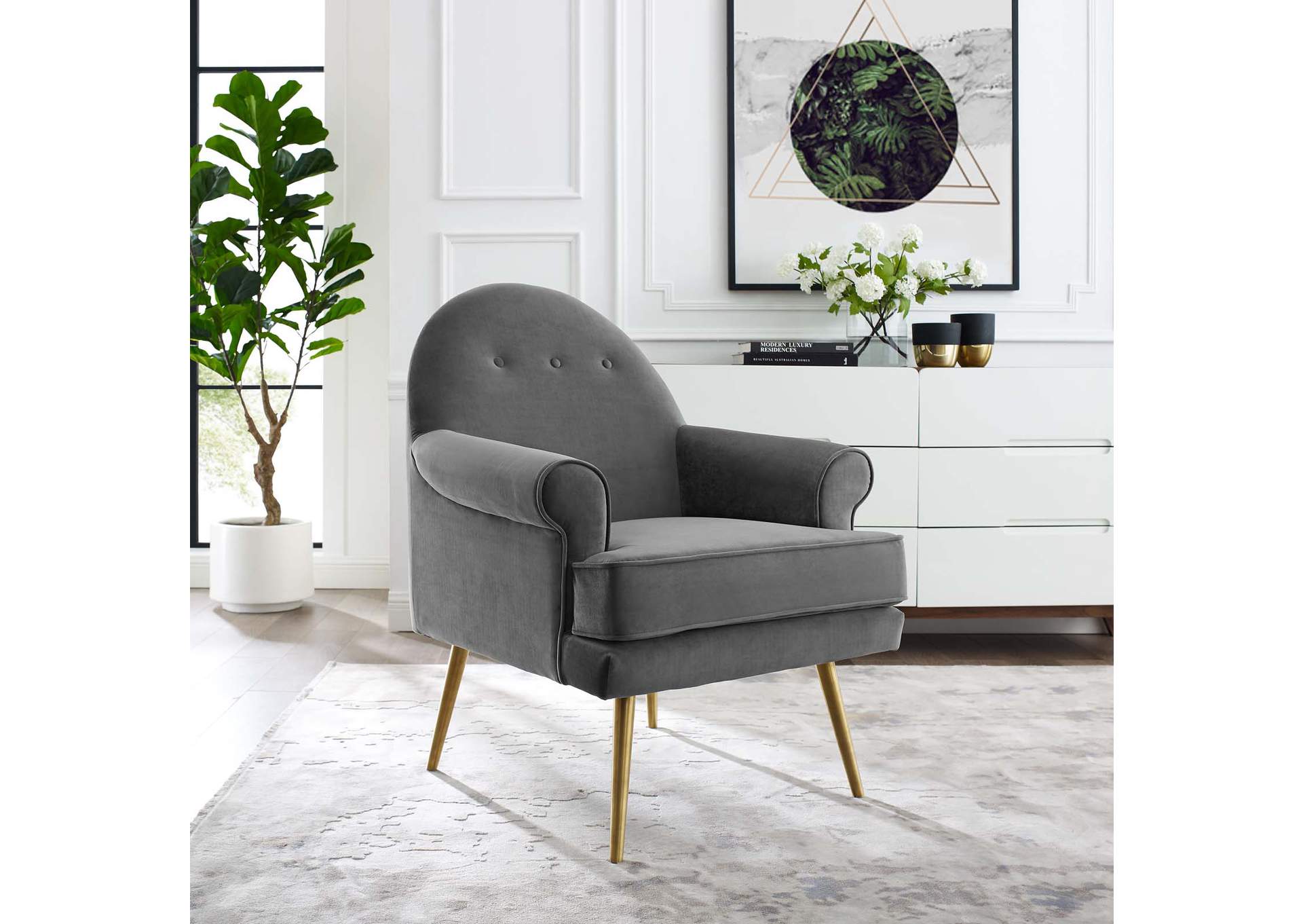 Gray Revive Tufted Button Accent Performance Velvet Arm Chair,Modway