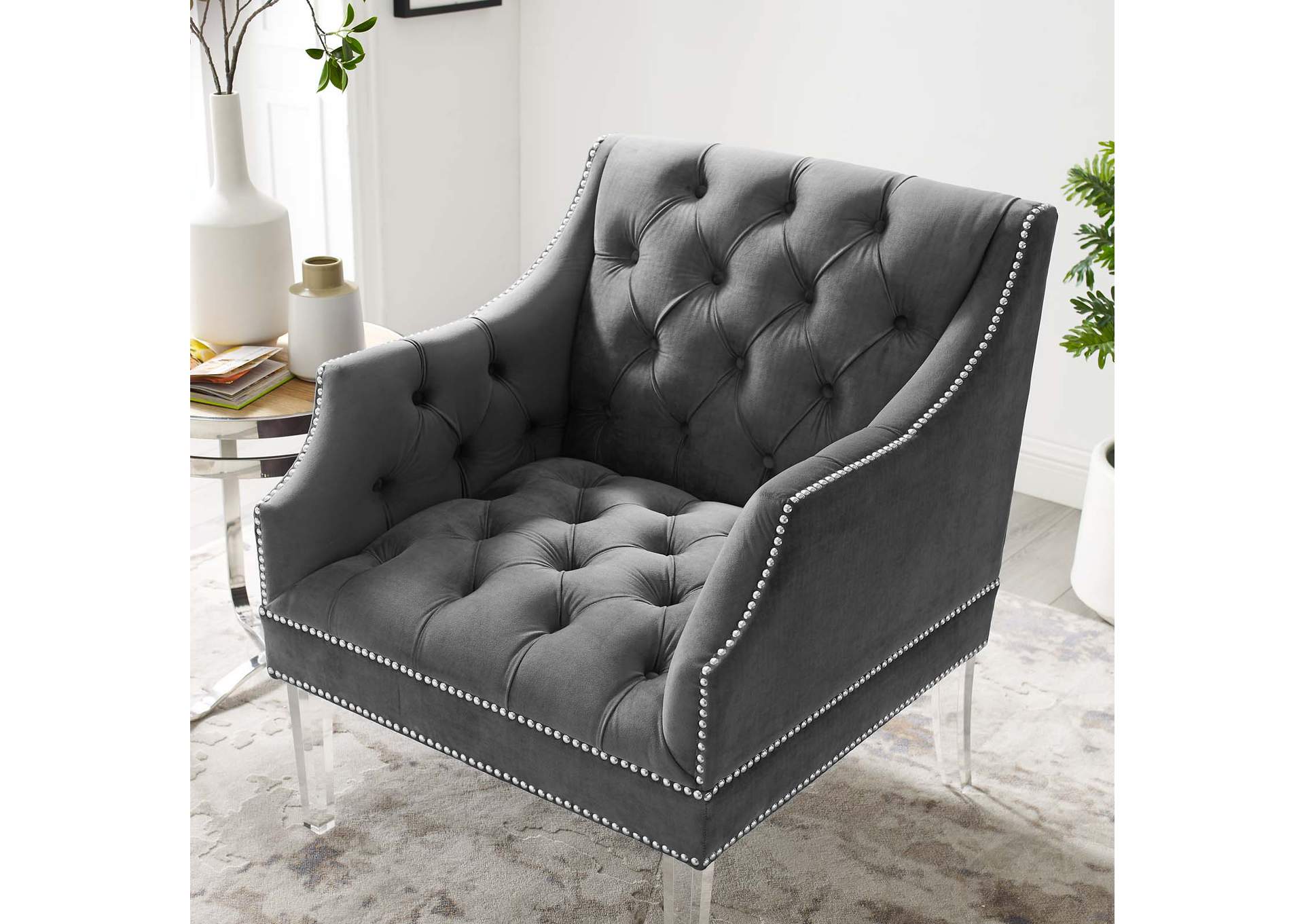 Gray Proverbial Tufted Button Accent Performance Velvet Arm Chair,Modway