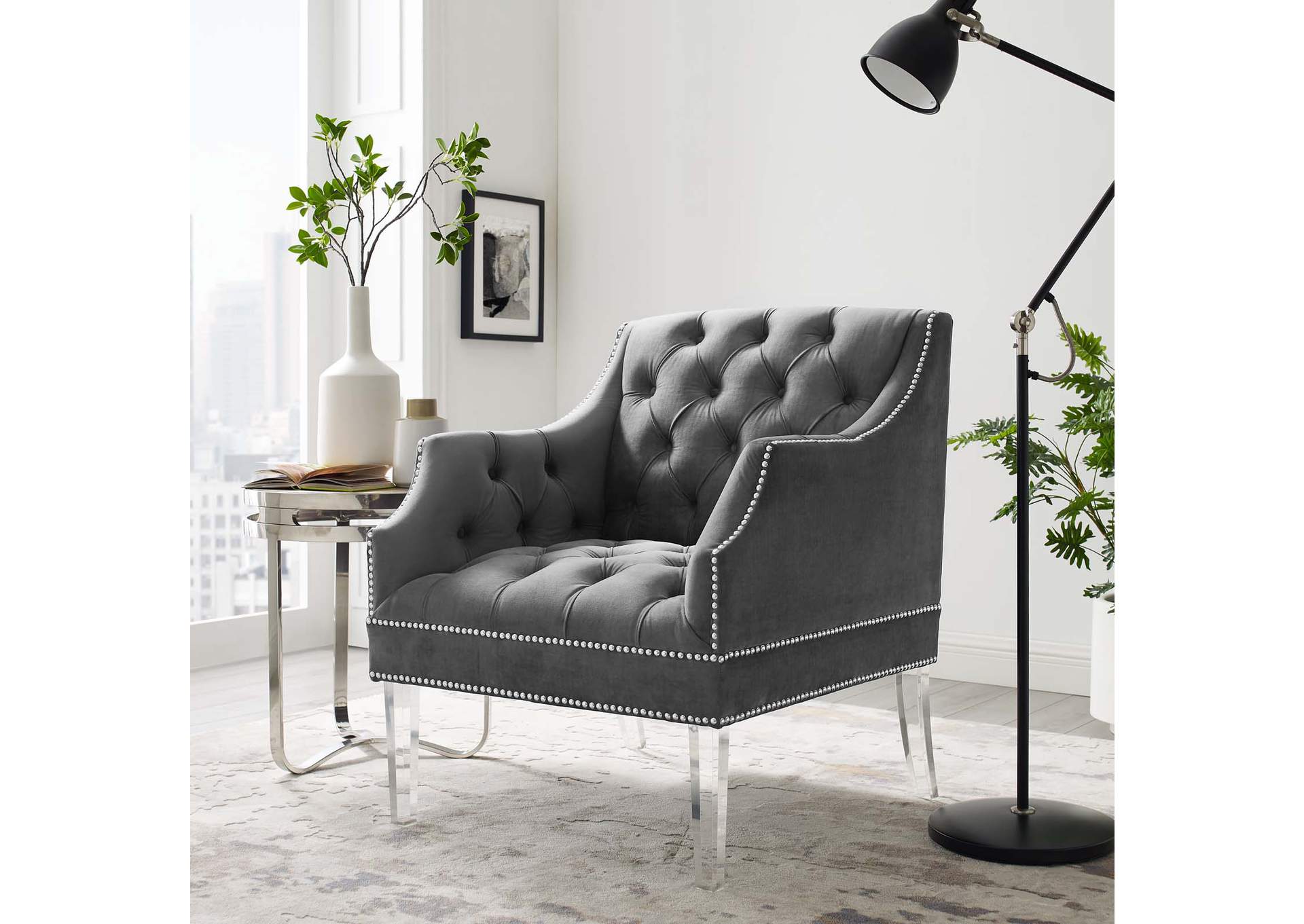 Gray Proverbial Tufted Button Accent Performance Velvet Arm Chair,Modway