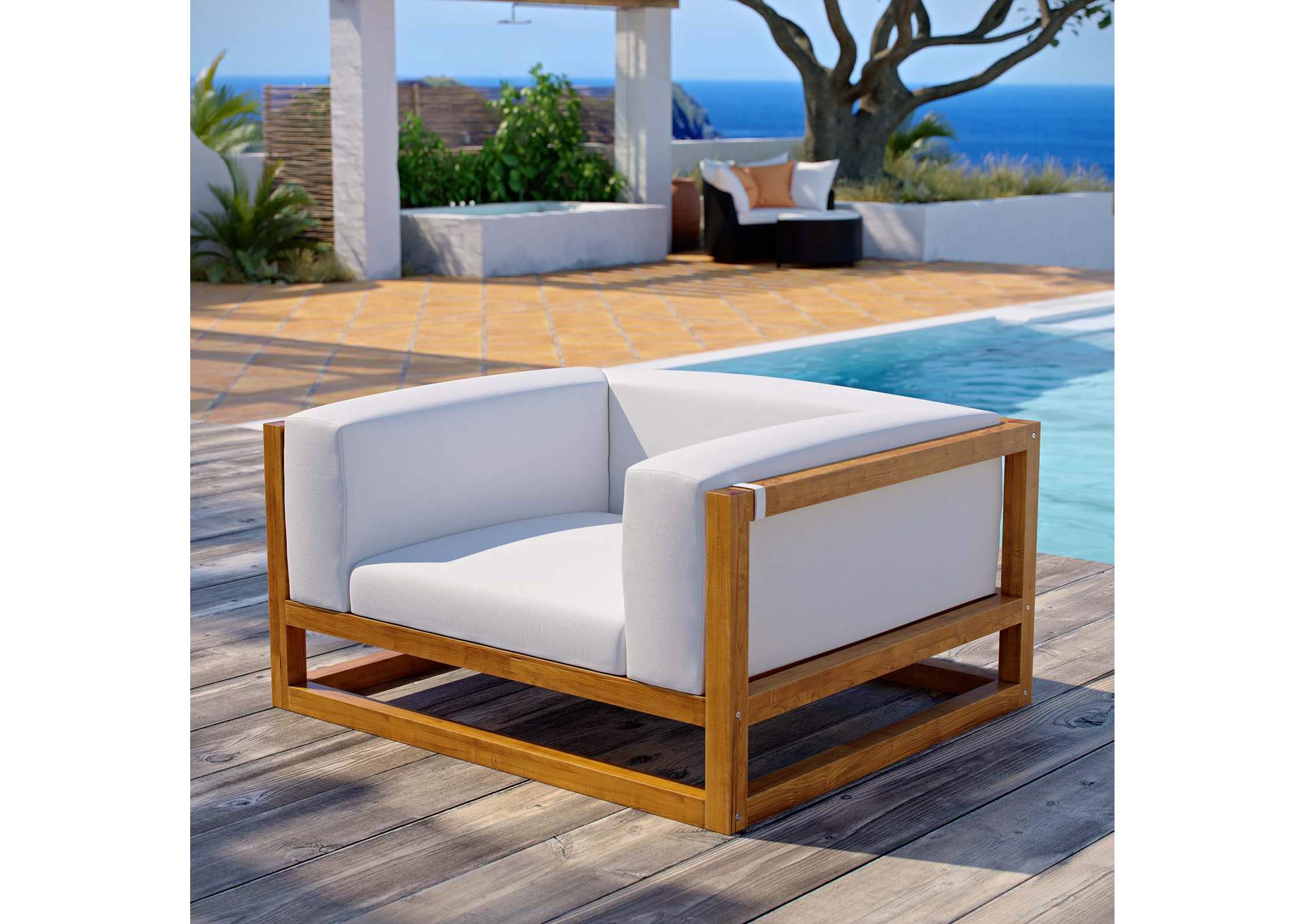 Natural White Newbury Accent Lounge Outdoor Patio Premium Grade A Teak Wood Armchair,Modway