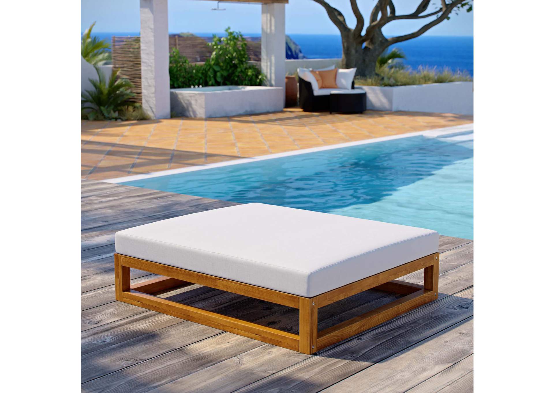 Natural White Newbury Outdoor Patio Premium Grade A Teak Wood Ottoman,Modway