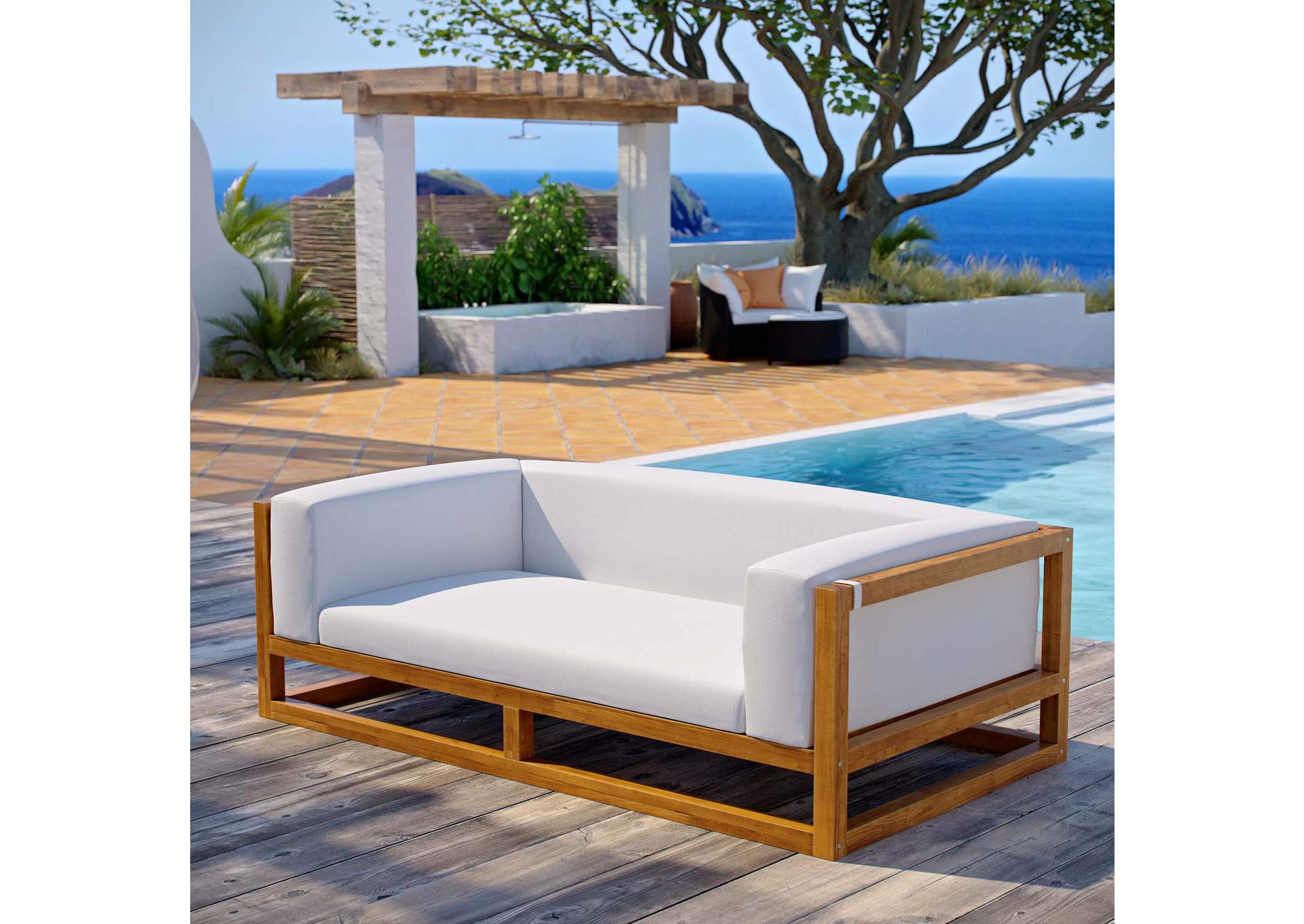 Natural White Newbury Accent Lounge Outdoor Patio Premium Grade A Teak Wood Sofa,Modway