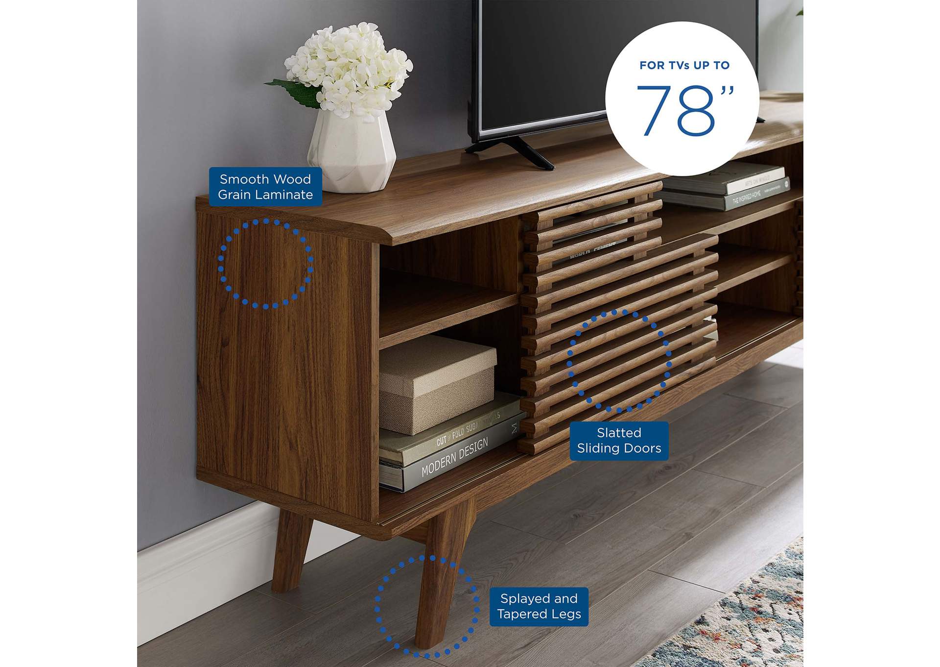 Walnut Render 71" Media Console TV Stand,Modway